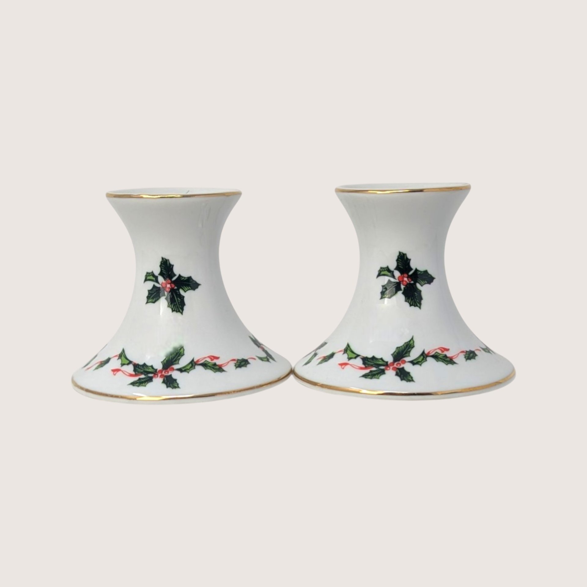 1960s Lefton Holly Berry Ceramic Candlestick Holder Pair