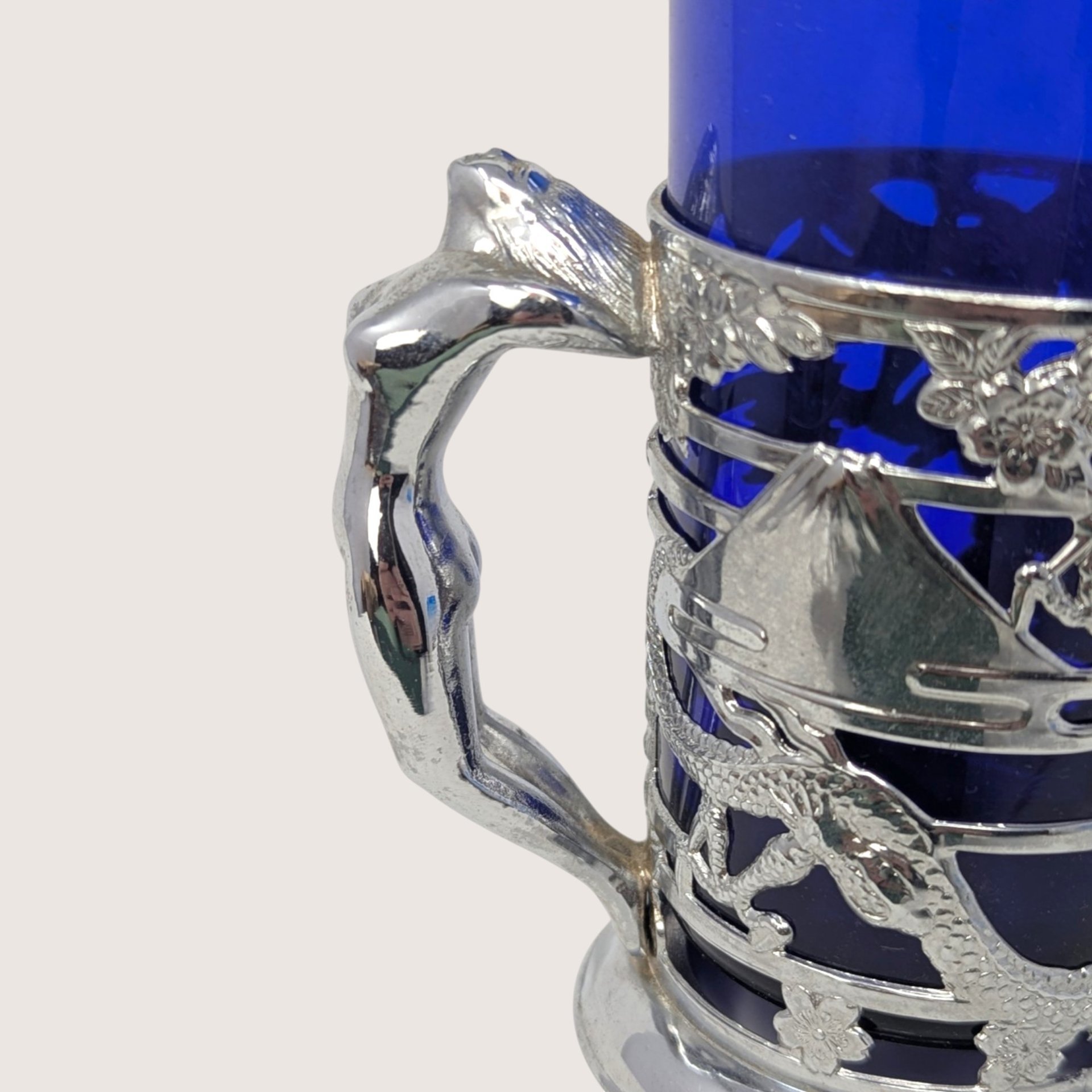 1950s Japanese Silver Plated Cobalt Glass Dragon Tankards Pair
