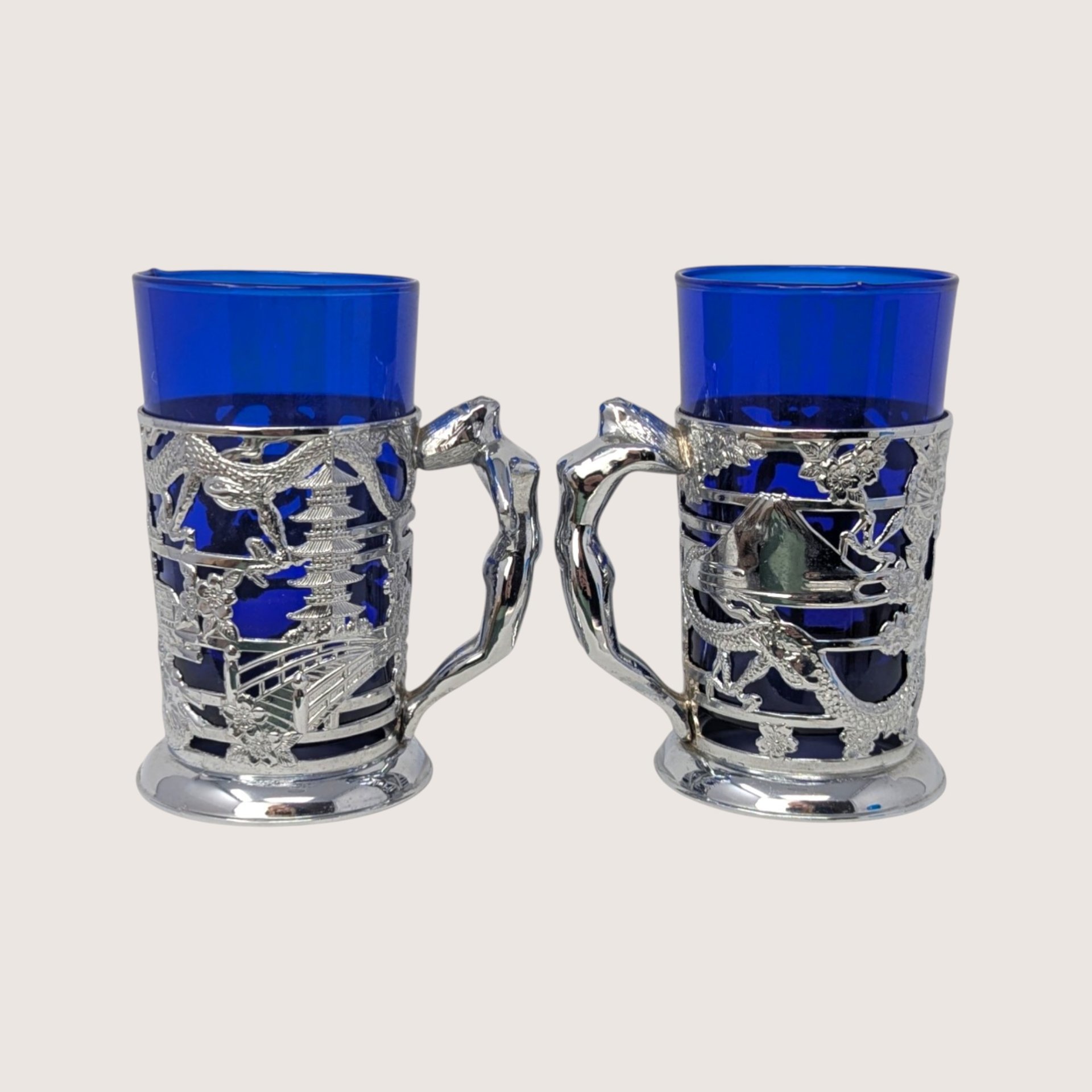 1950s Japanese Silver Plated Cobalt Glass Dragon Tankards Pair