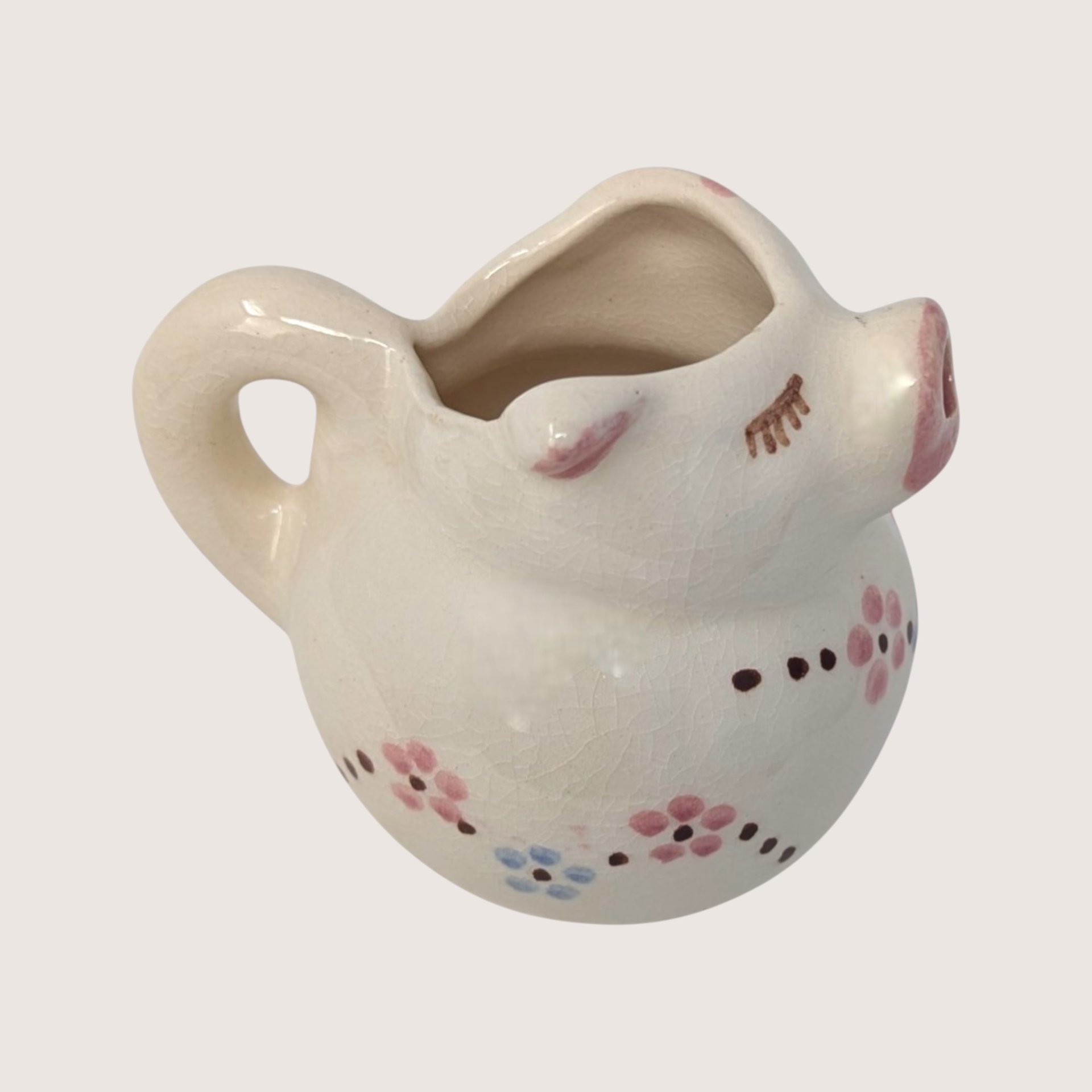 1950s Hand Painted Ceramic Pig Creamer with Floral Accents