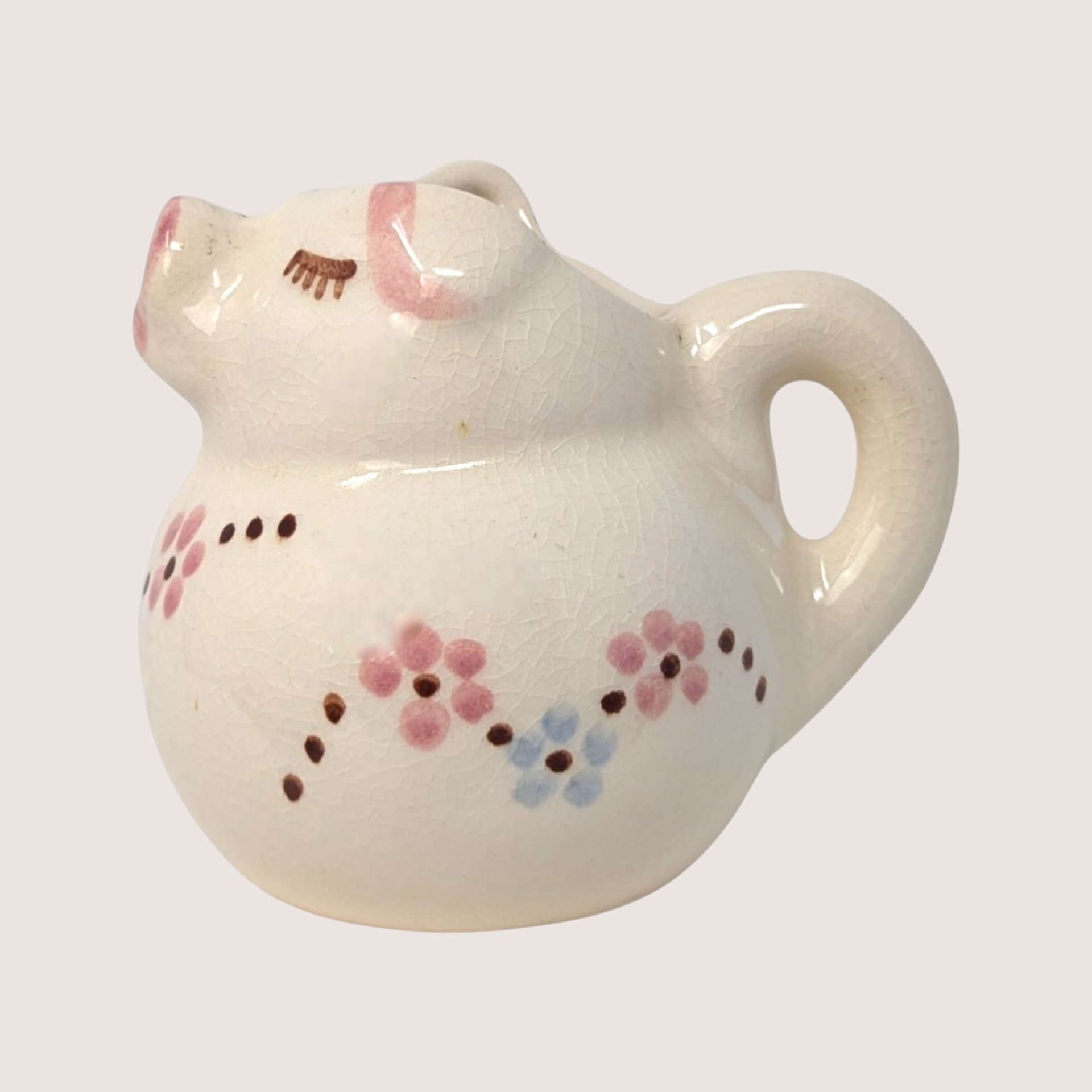 1950s Hand Painted Ceramic Pig Creamer with Floral Accents