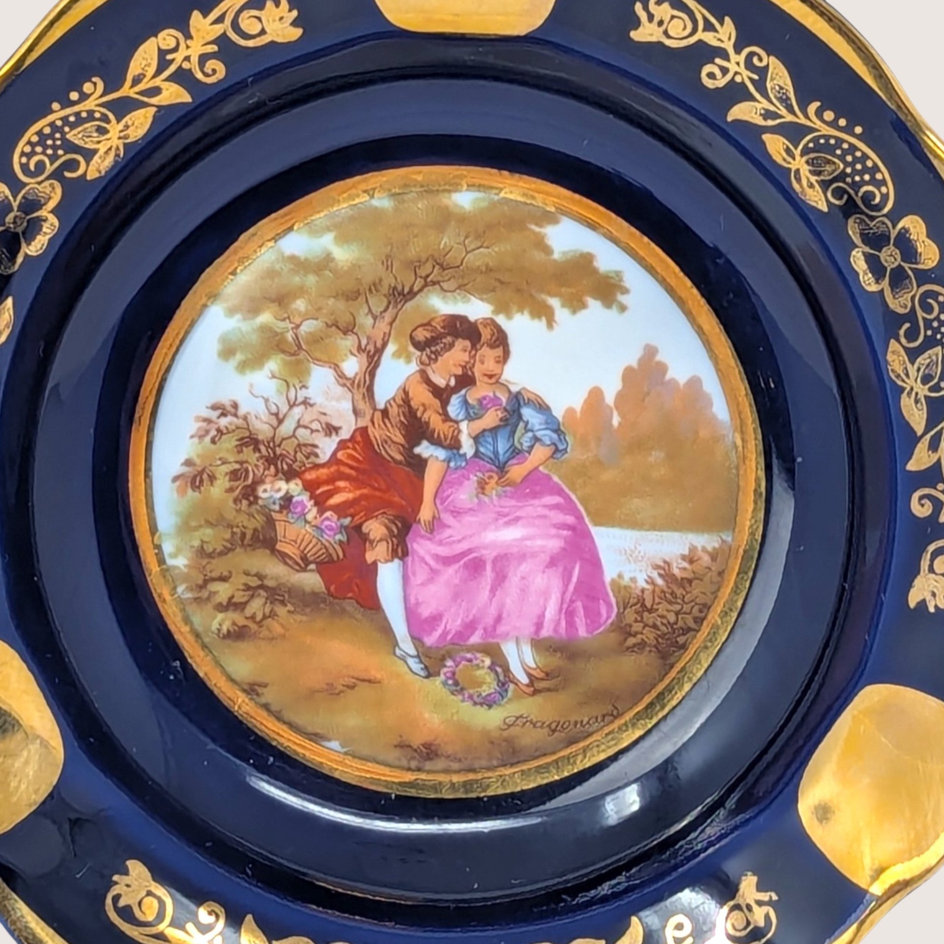 1950 Limoges Cobalt Blue Porcelain Ashtray Romantic Scene