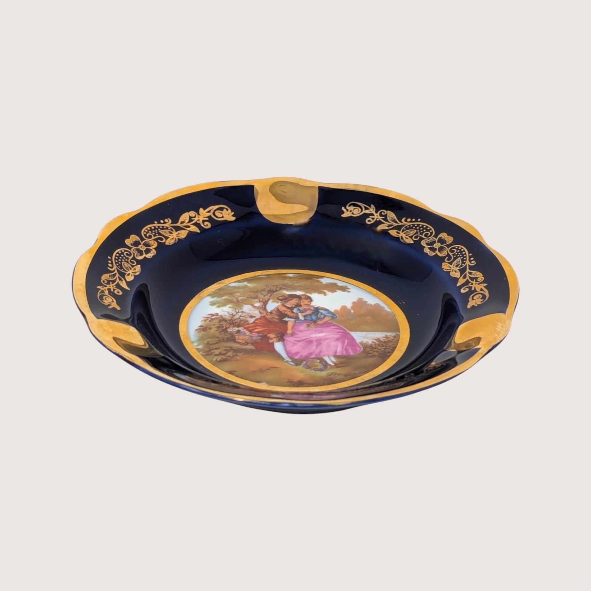 1950 Limoges Cobalt Blue Porcelain Ashtray Romantic Scene