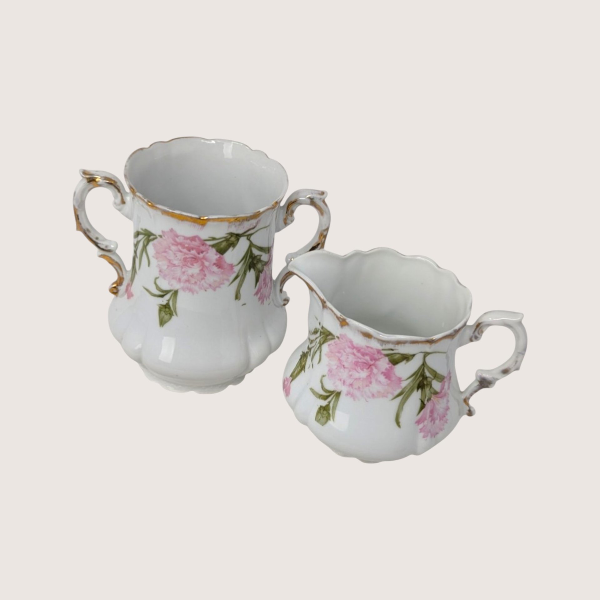 Antique Royal Bavarian PM Porcelain Pink Floral Sugar Bowl and Creamer Set 
