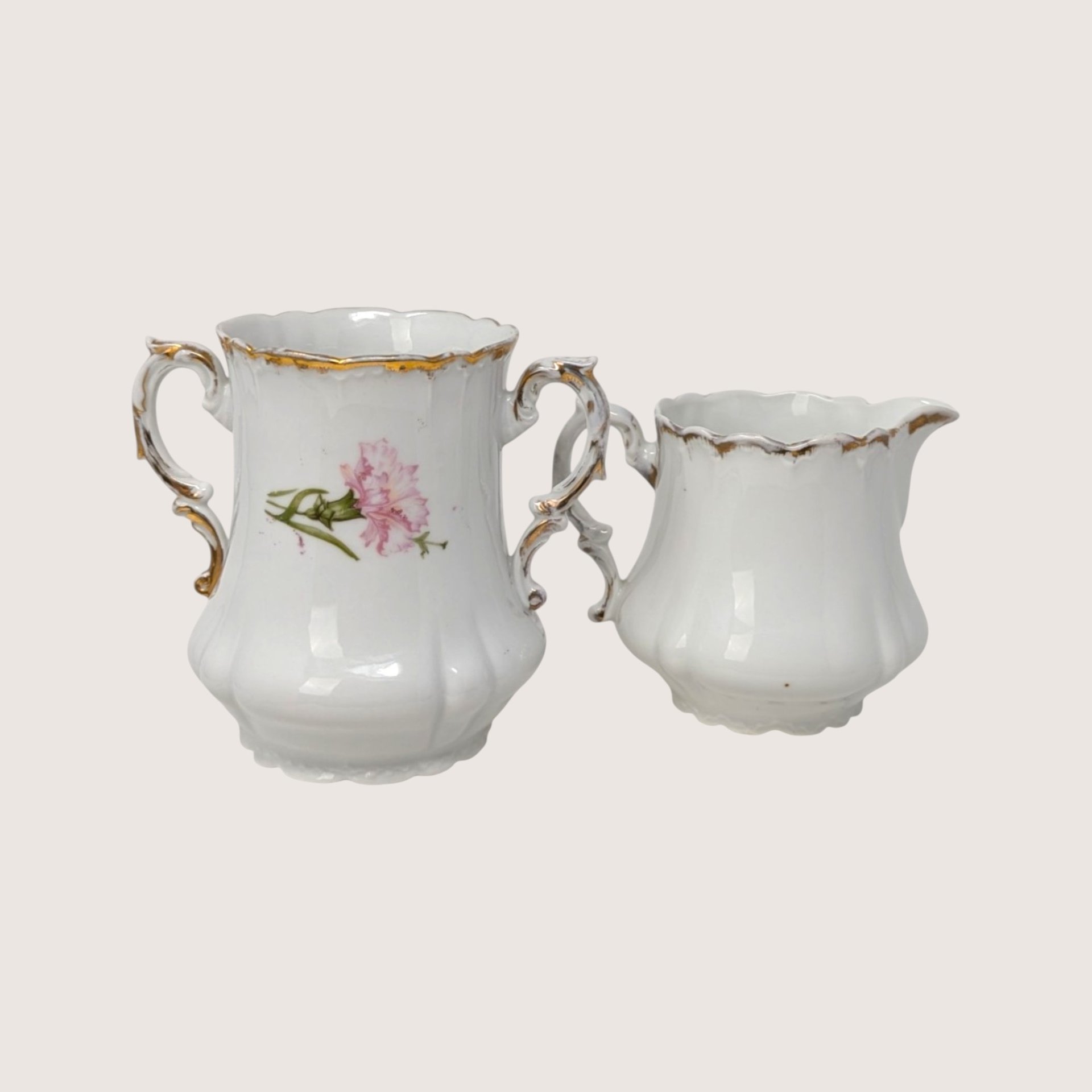 Antique Royal Bavarian PM Porcelain Pink Floral Sugar Bowl and Creamer Set 