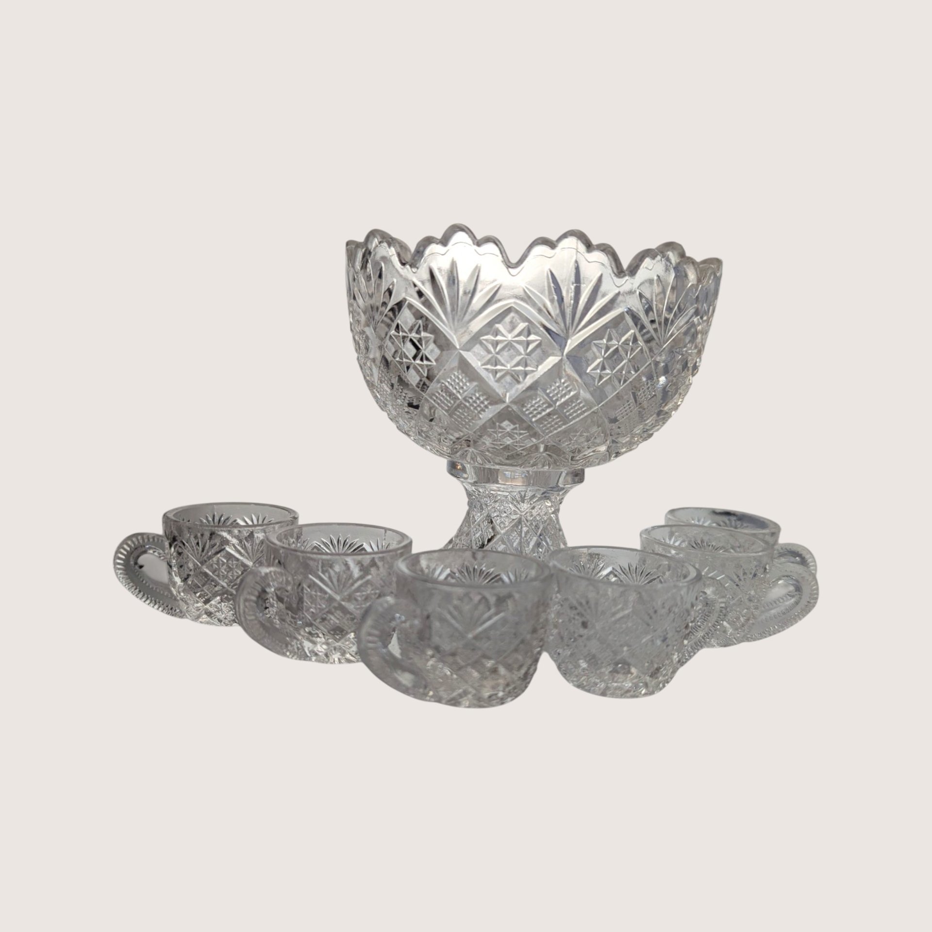 1910s Westmoreland Glass Thumbelina Mini Punch Bowl Set with 6 Cups