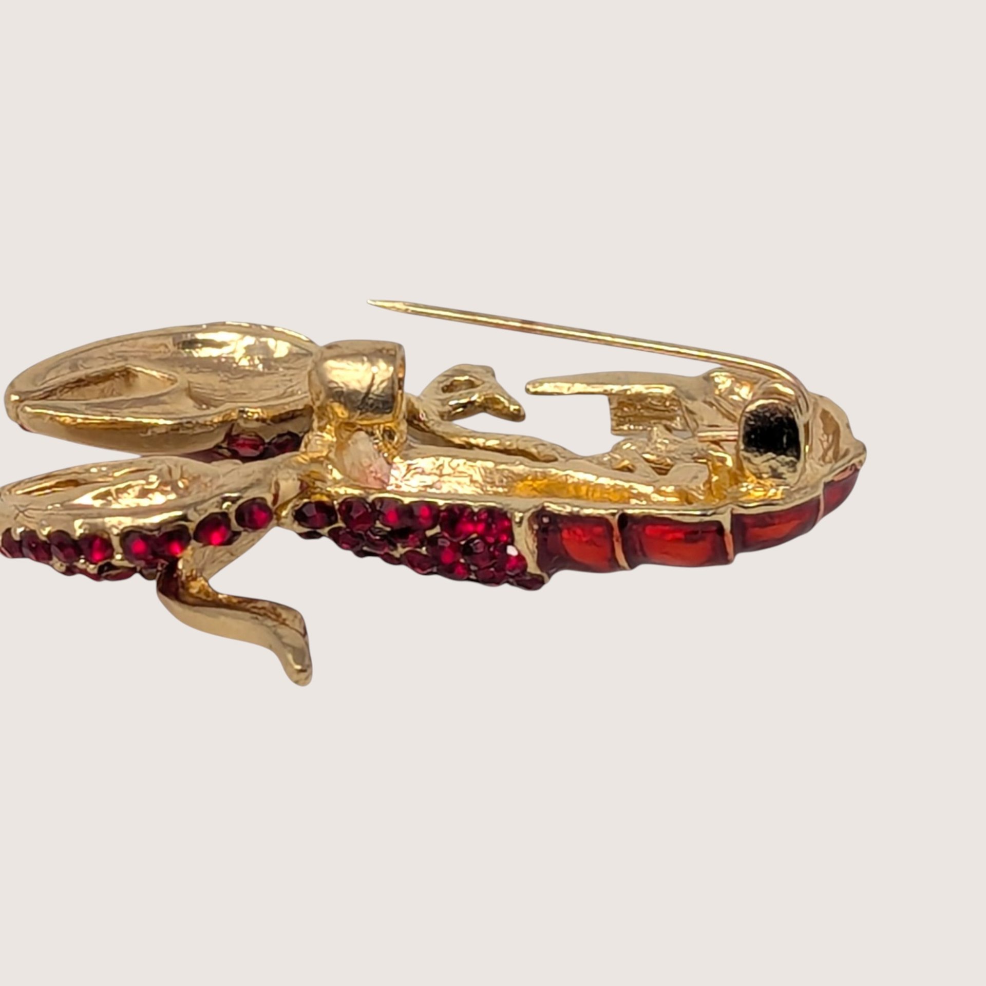 1980s Rhinestone Lobster Brooch Gold Tone Nautical Pin
