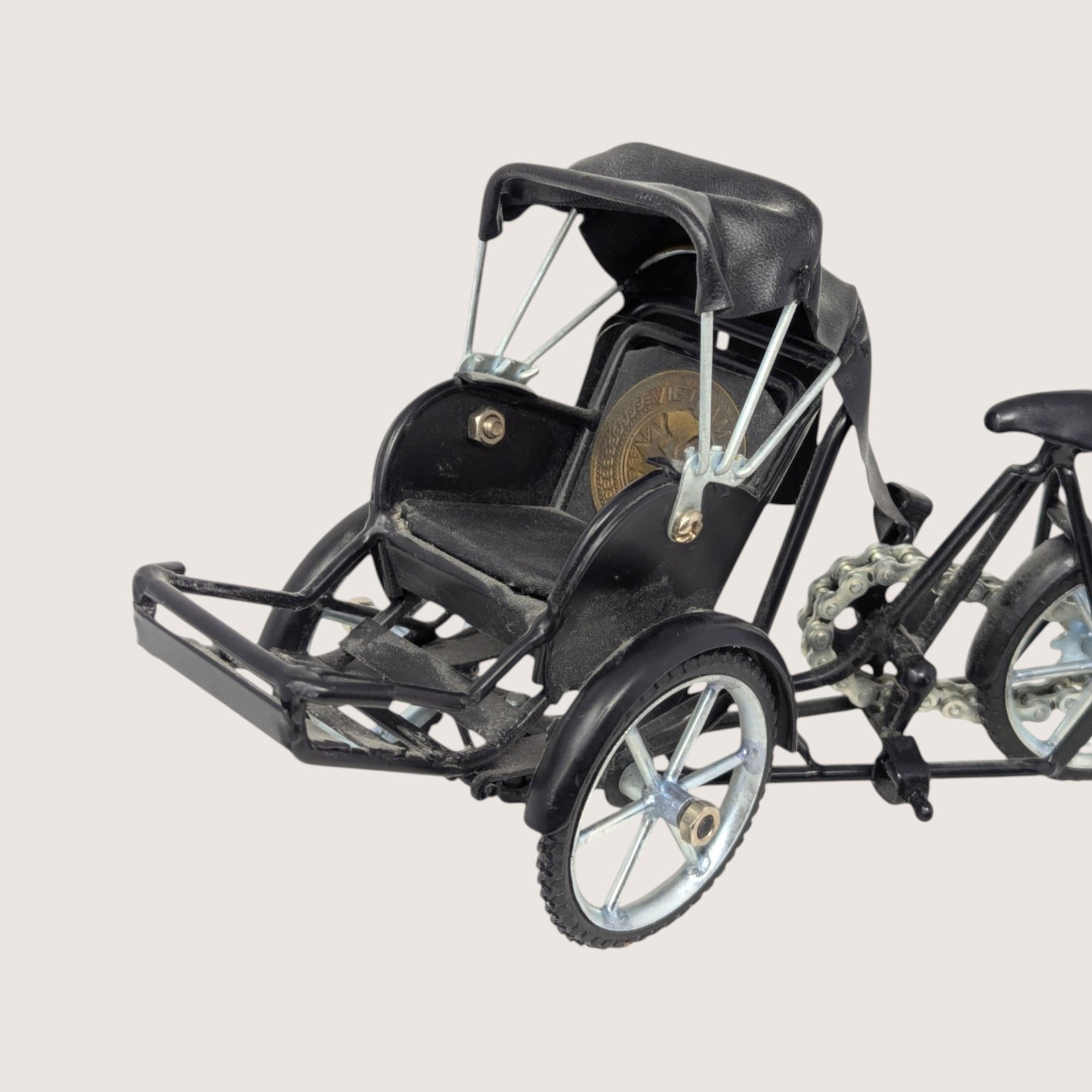 1970s Black Metal Vietnamese Cyclo Rickshaw Miniature Model