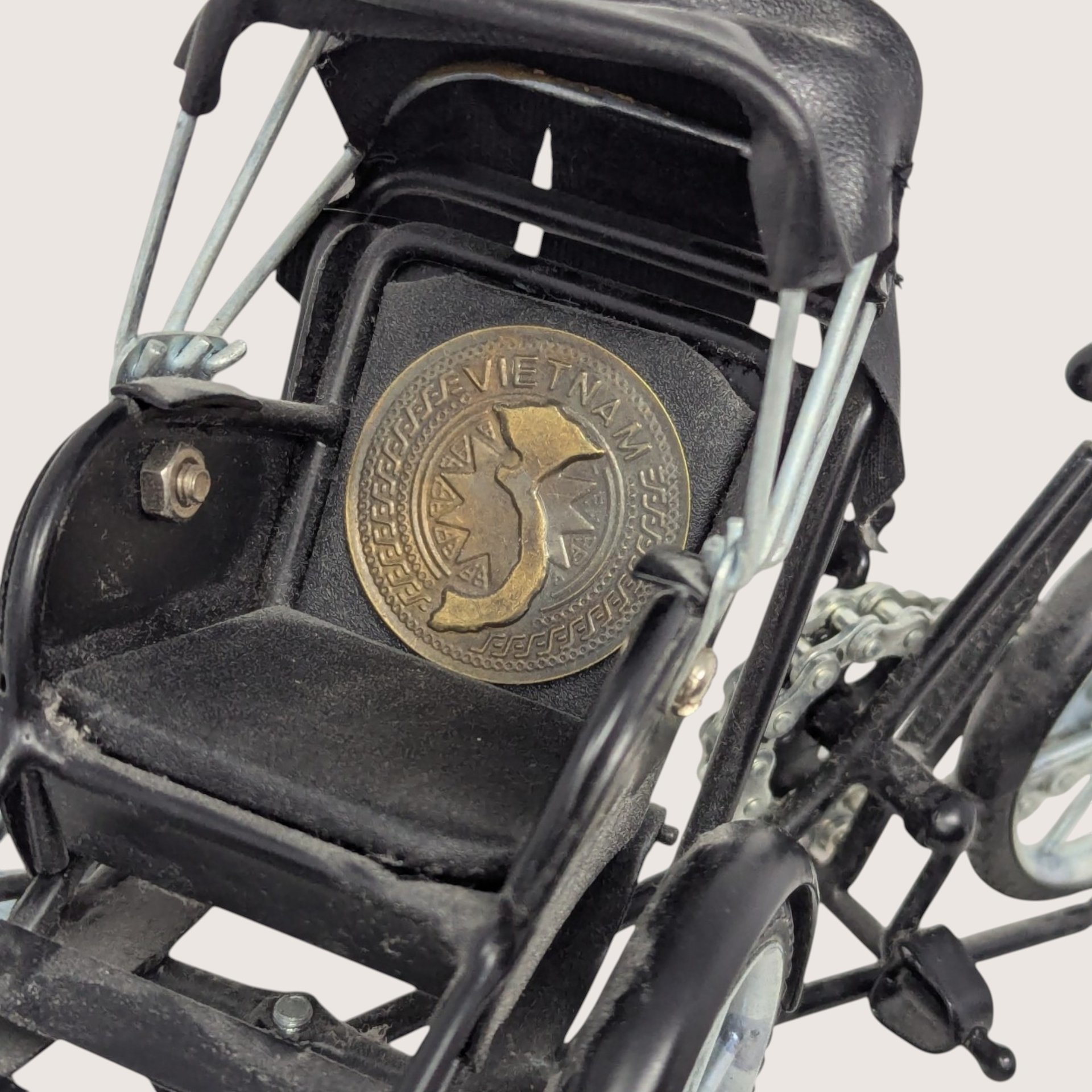 1970s Black Metal Vietnamese Cyclo Rickshaw Miniature Model
