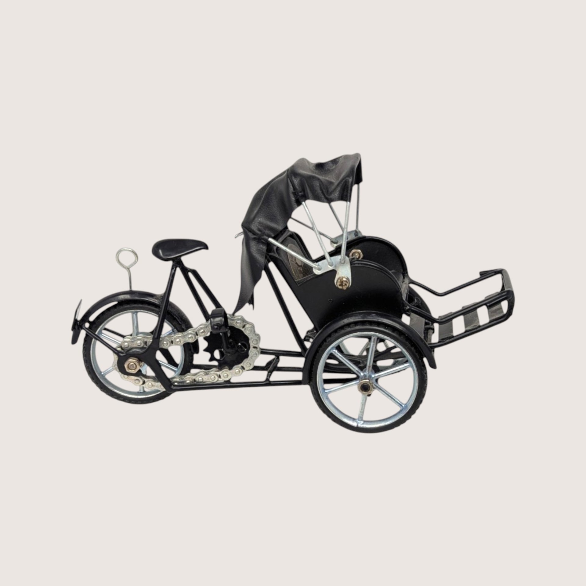 1970s Black Metal Vietnamese Cyclo Rickshaw Miniature Model