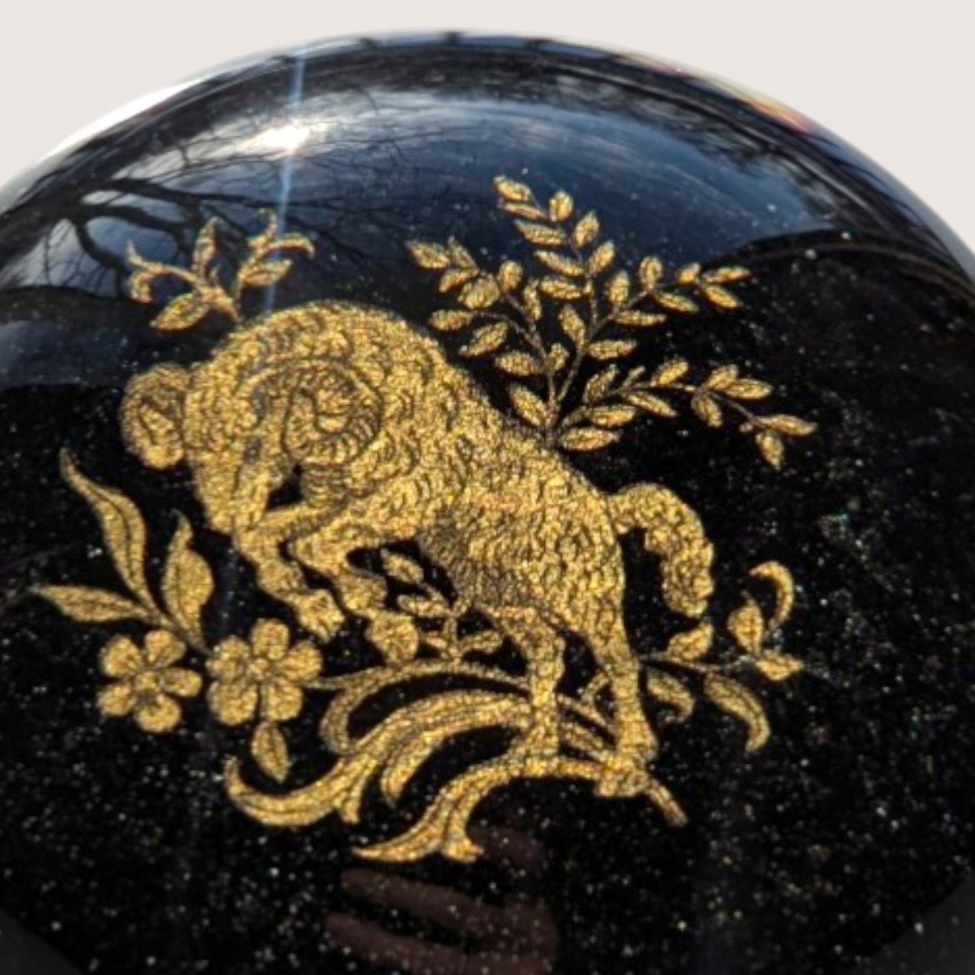 1980s Japanese Lacquerware Glass Ram Paperweight