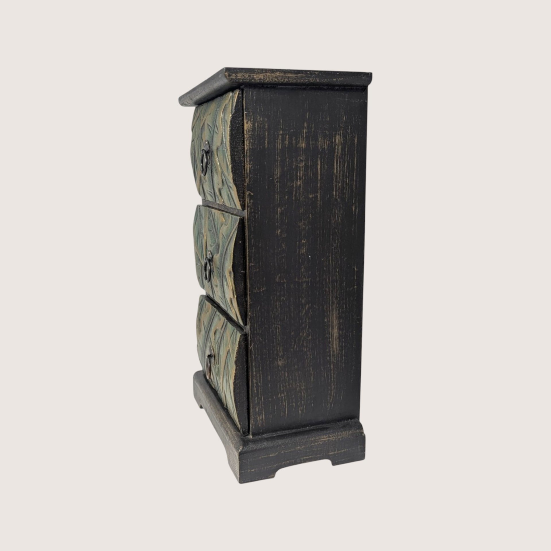 1990s Carved Wooden Botanical Three Drawer Jewelry Box