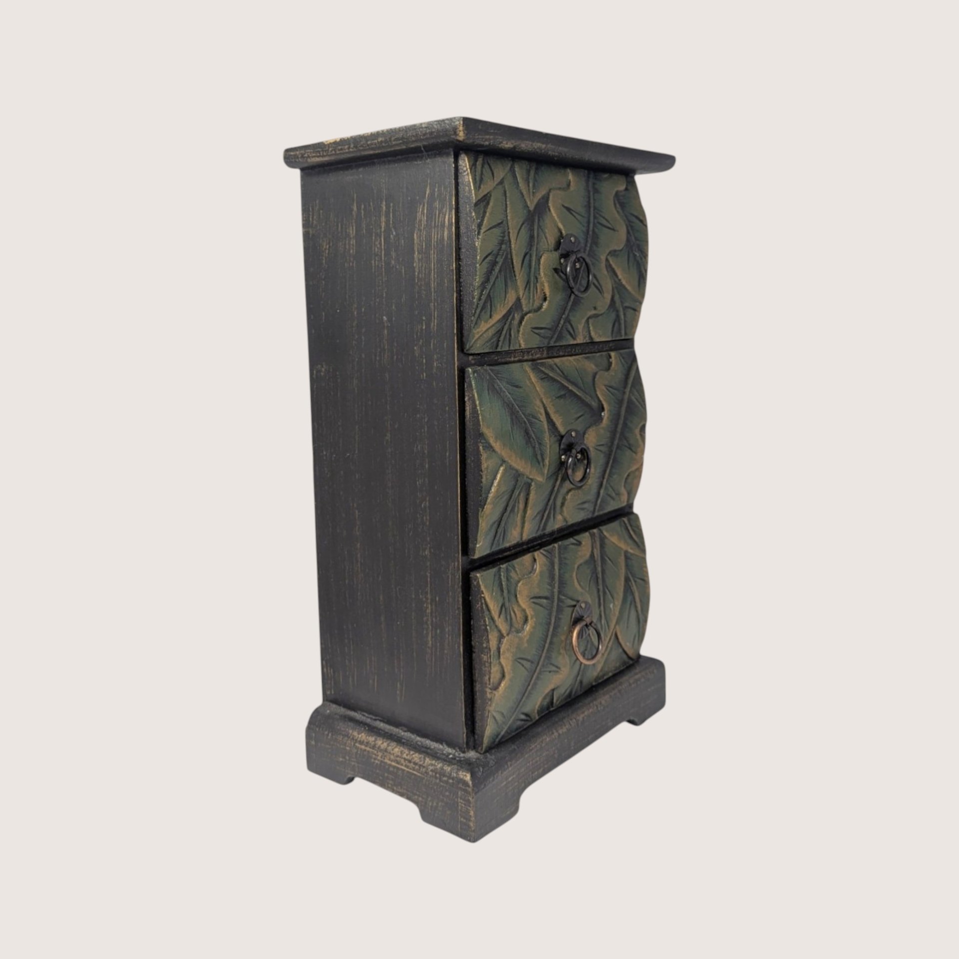 1990s Carved Wooden Botanical Three Drawer Jewelry Box