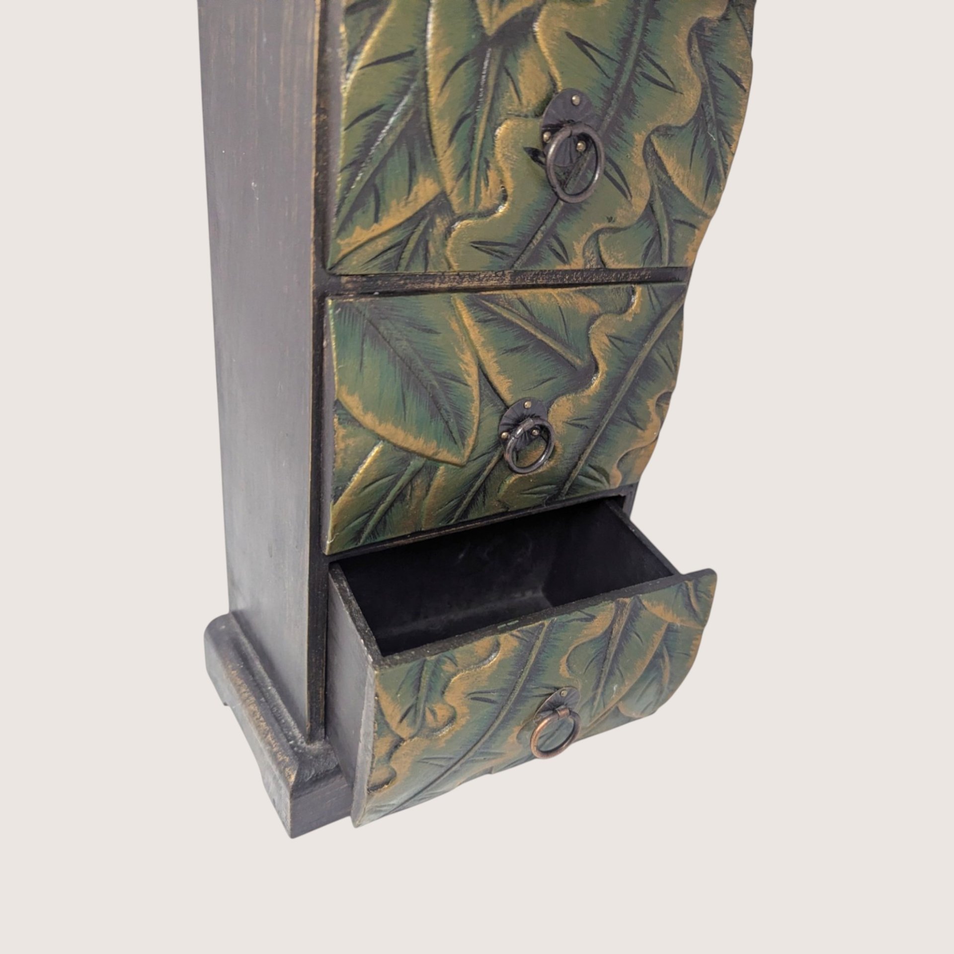 1990s Carved Wooden Botanical Three Drawer Jewelry Box