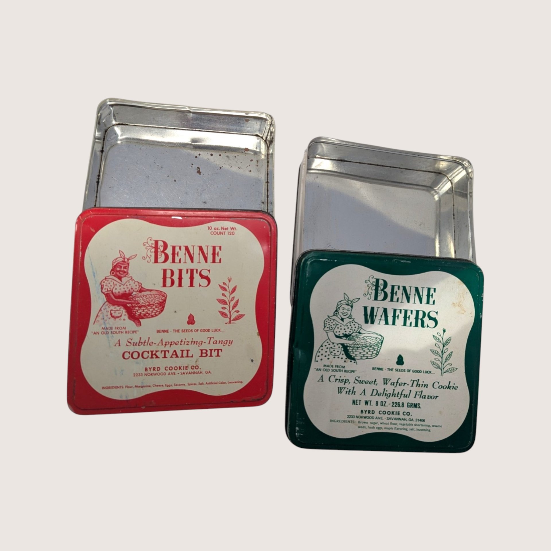 Vintage Byrd Cookie Co Benne Wafers and Benne Bits Tins Pair