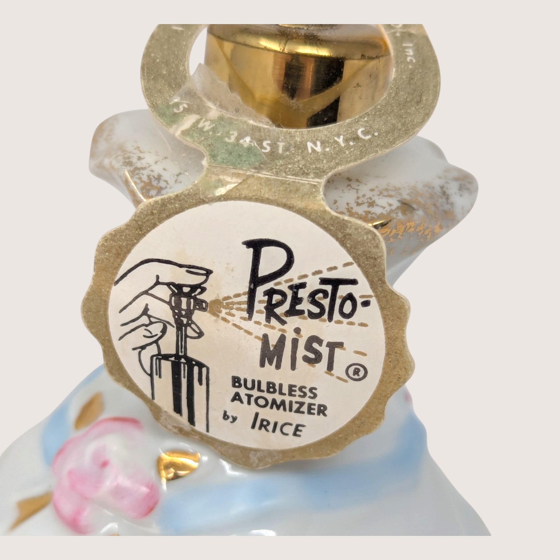 1950s Irice Presto Mist Porcelain Dress Perfume Bottle Atomizer