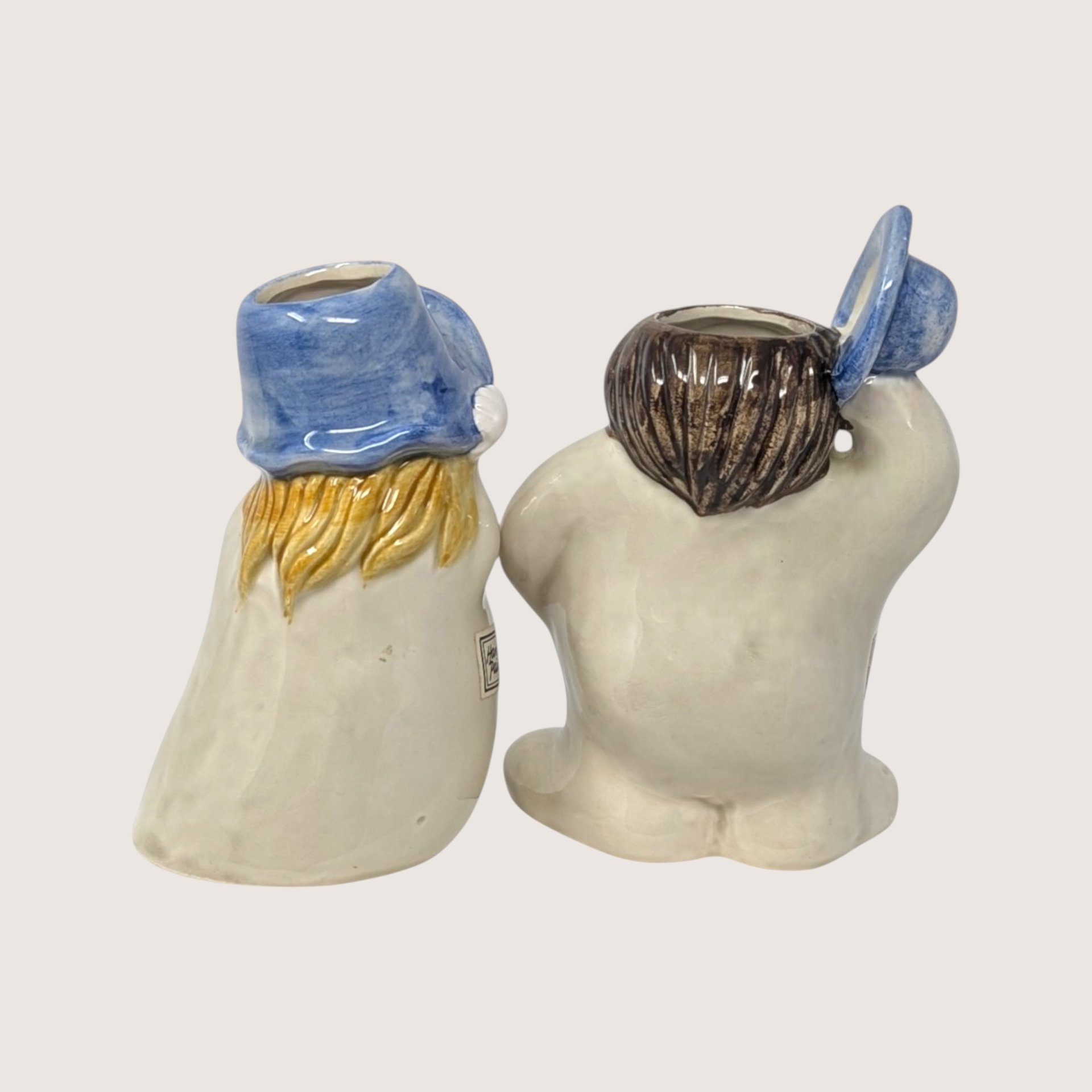 Vintage 1970s Fitz And Floyd Ceramic Hats Off Figural Bud Vase Pair