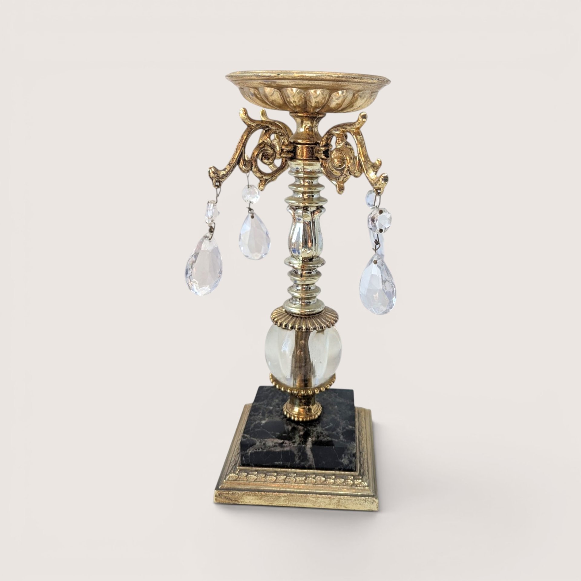 Vintage Ornate Brass Marble Crystal Candlestick Holder