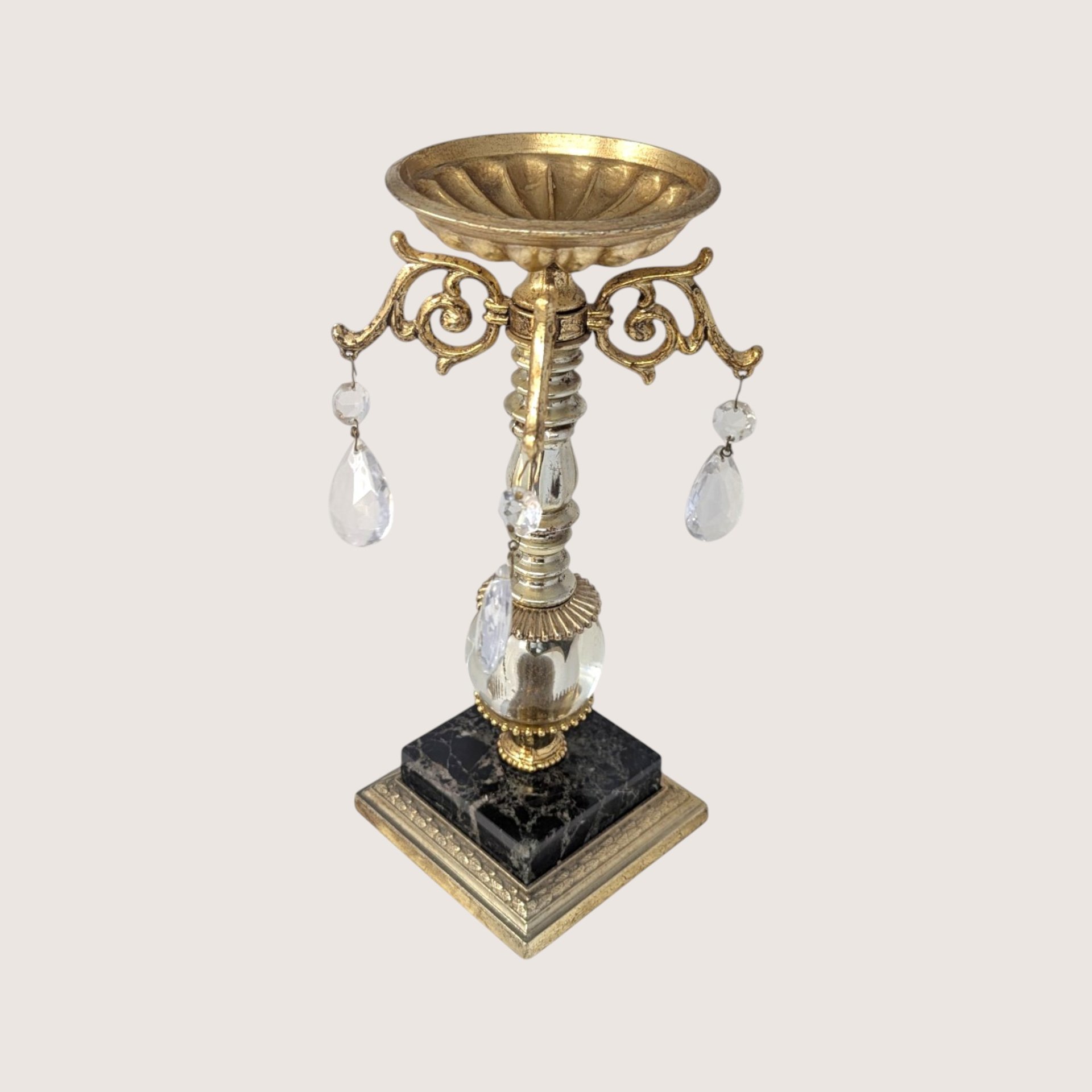 Vintage Ornate Brass Marble Crystal Candlestick Holder