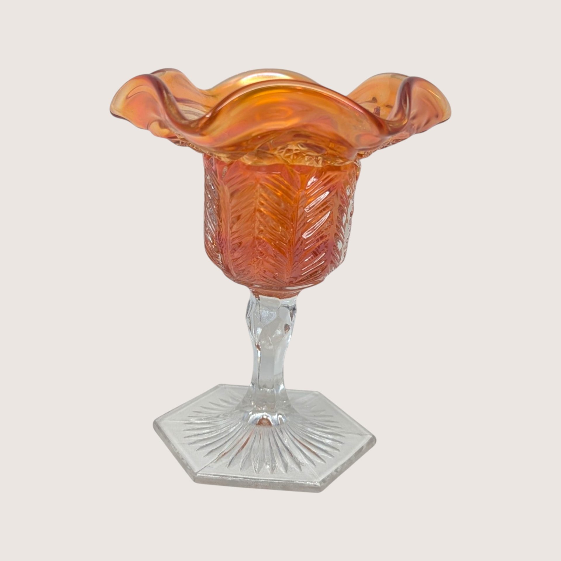 Antique Cambridge Inverted Feather Carnival Glass Compote