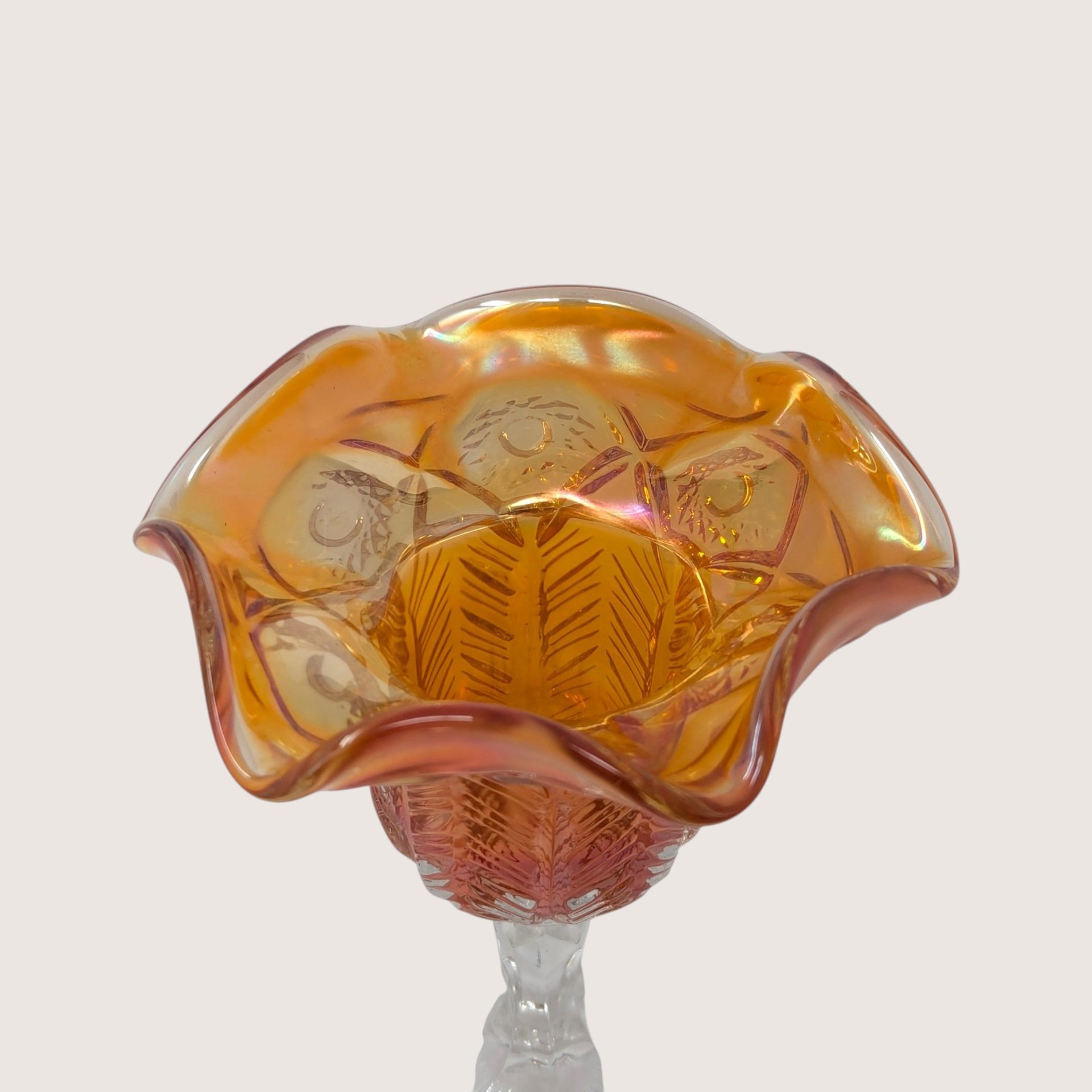 Antique Cambridge Inverted Feather Carnival Glass Compote