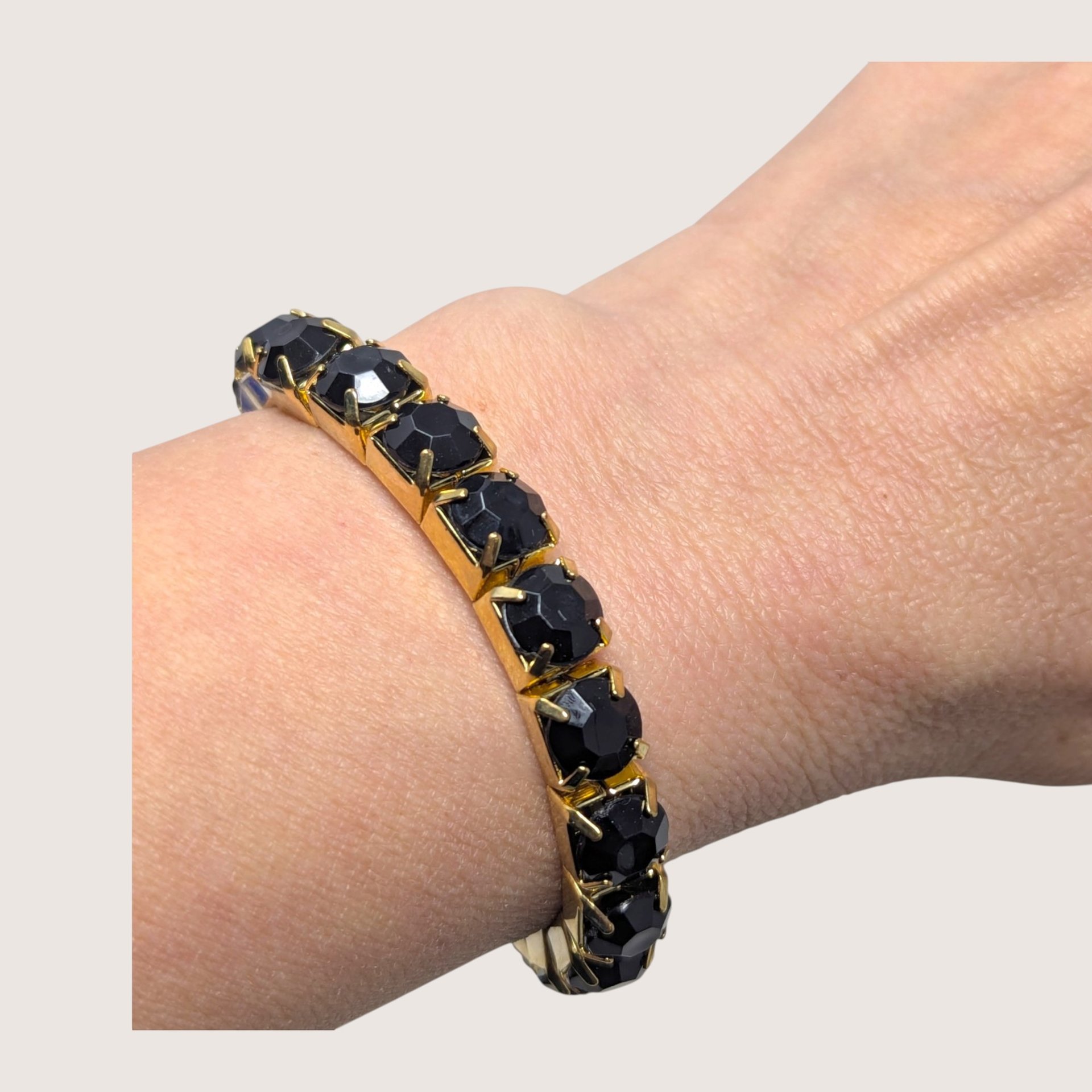 Vintage Gold Tone Black and Clear Rhinestone Stretch Bracelets