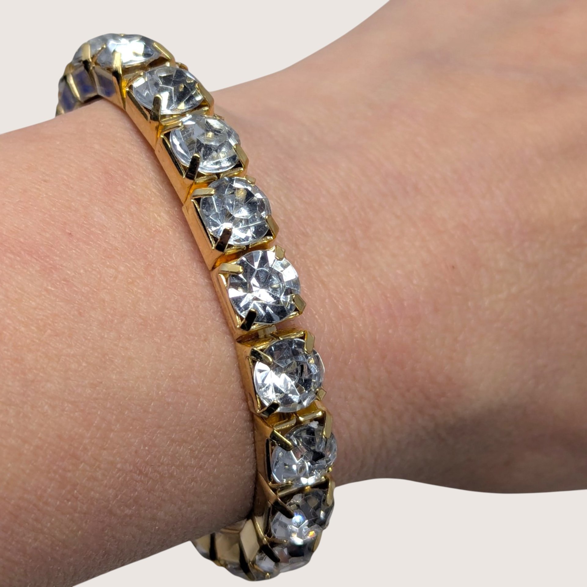 Vintage Gold Tone Black and Clear Rhinestone Stretch Bracelets