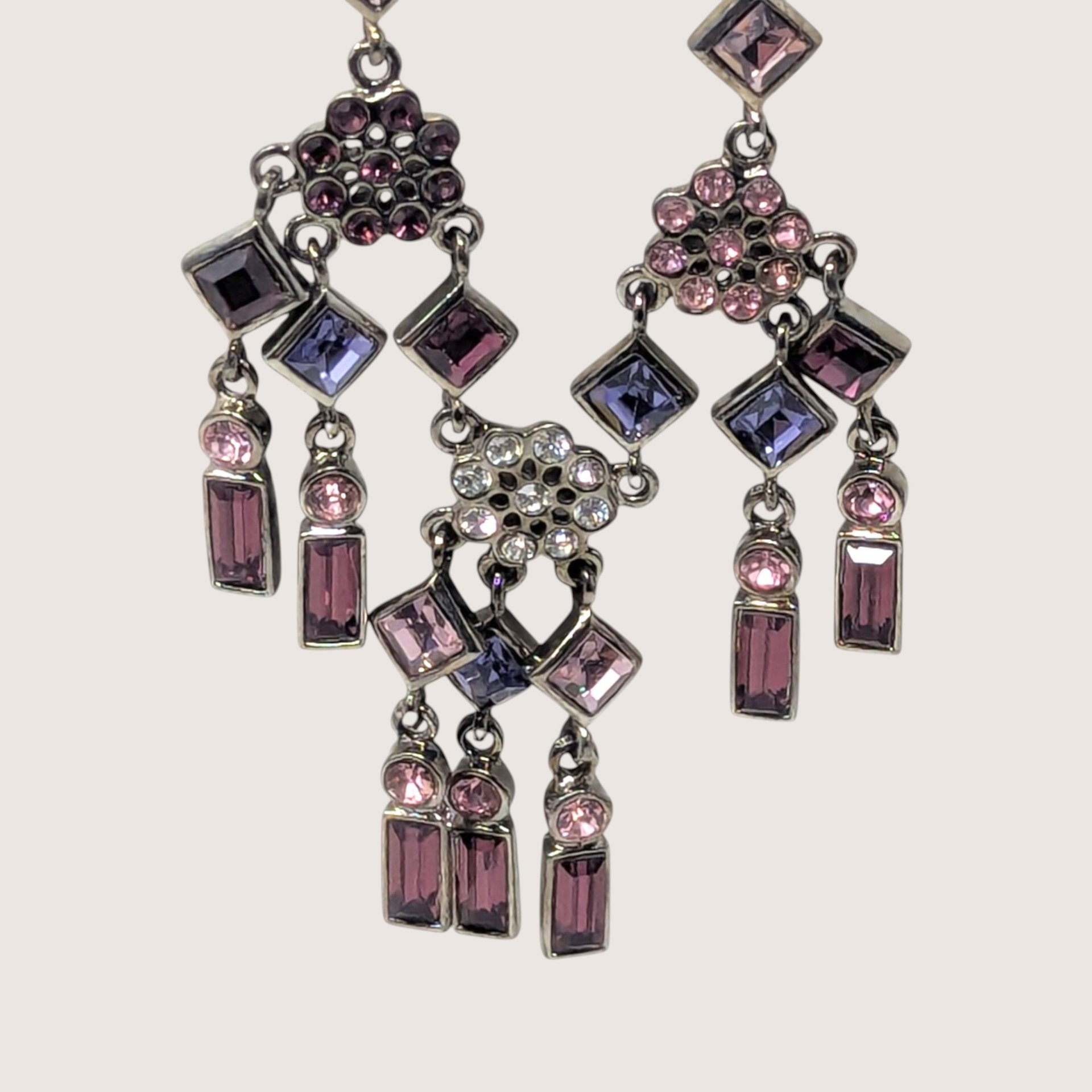 Vintage Silver Tone Multi Color Rhinestone Chandelier Necklace