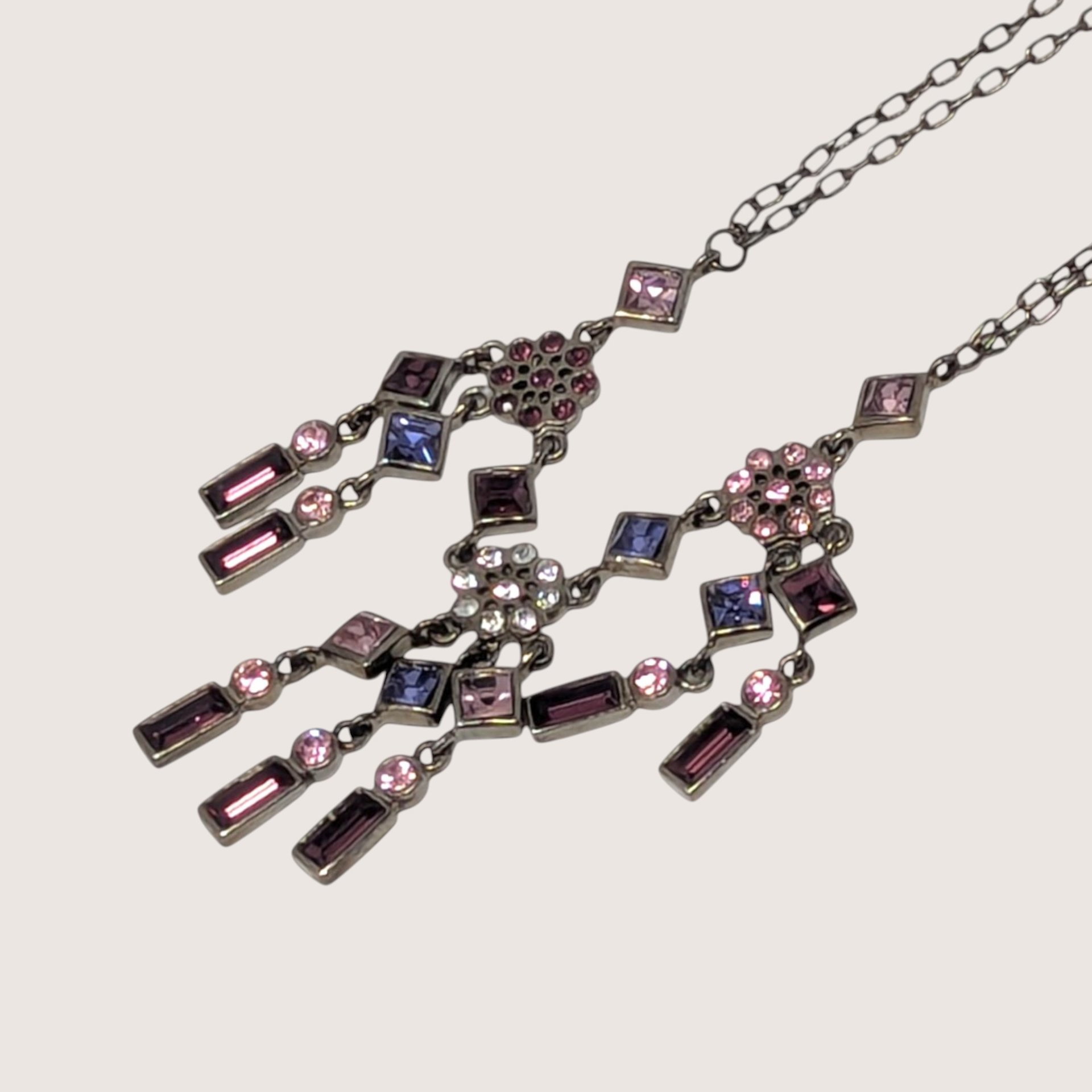 Vintage Silver Tone Multi Color Rhinestone Chandelier Necklace