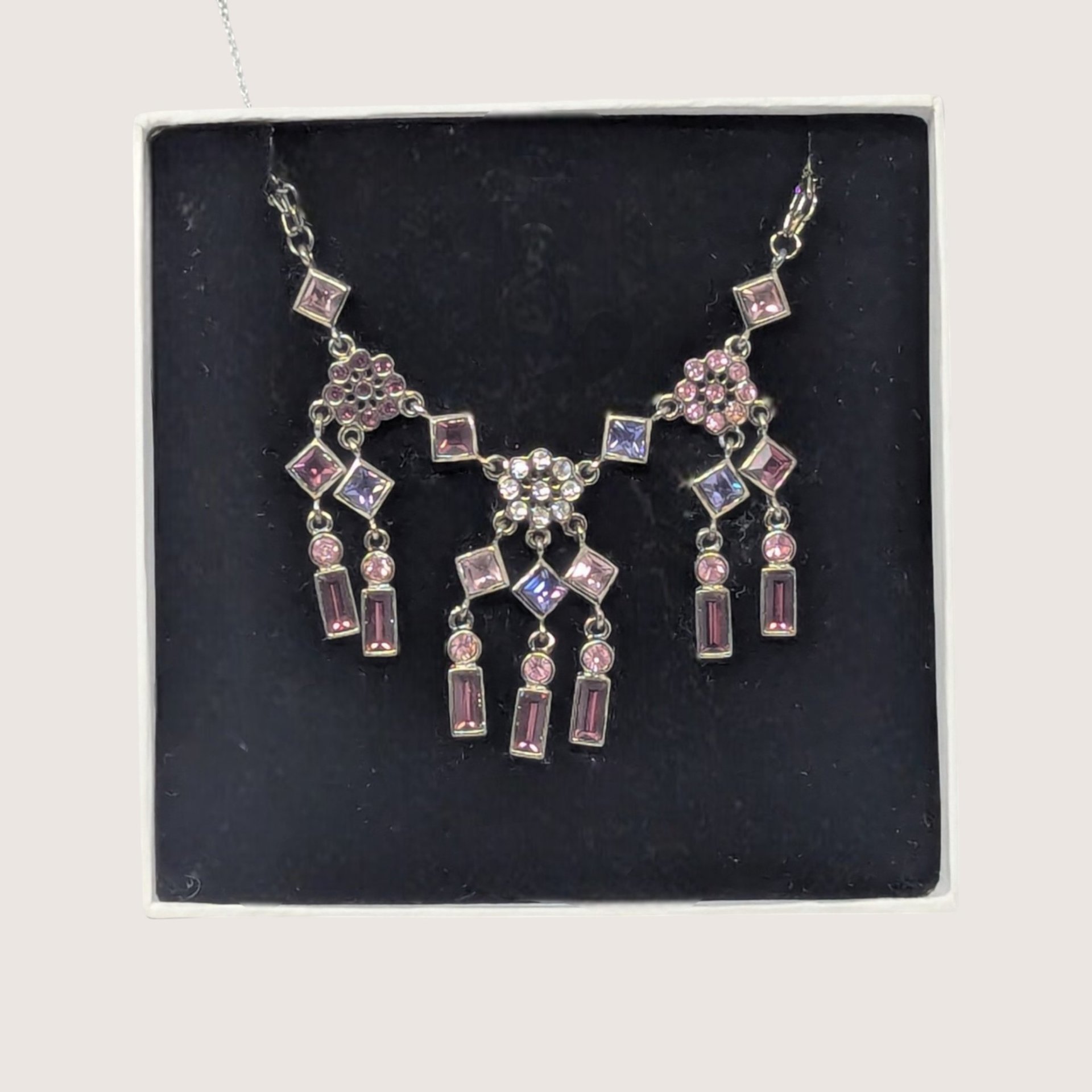 Vintage Silver Tone Multi Color Rhinestone Chandelier Necklace