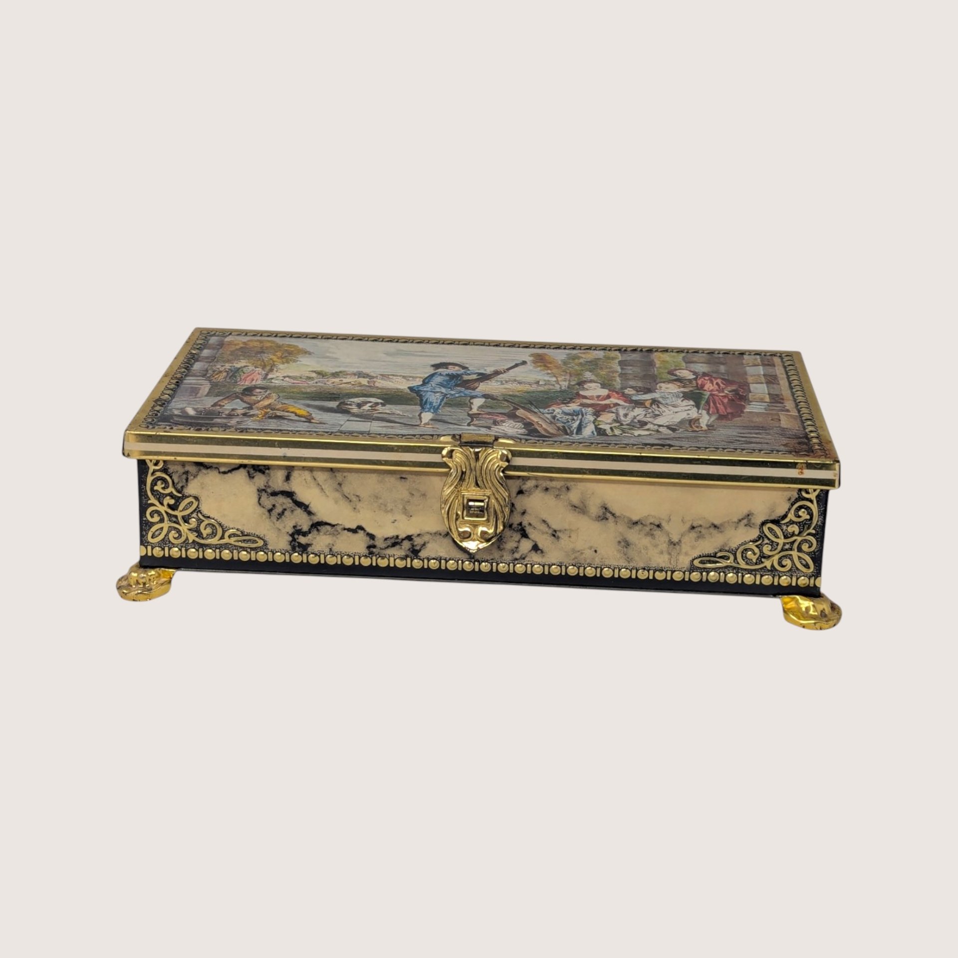Vintage Jamin Faux Marble Renaissance Scene Candy Tin