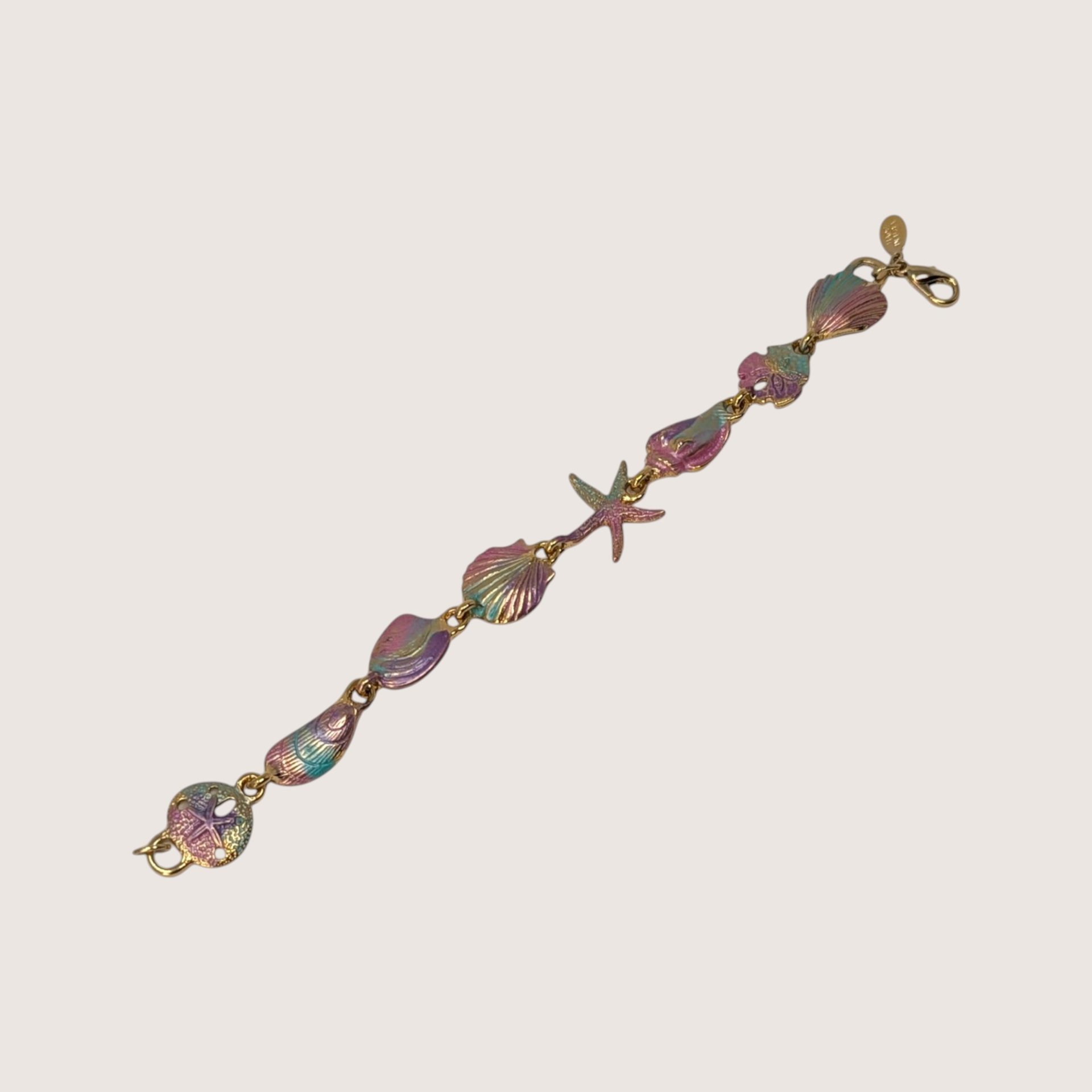 Vintage Gold Tone Enamel Starfish And Shell Link Bracelet