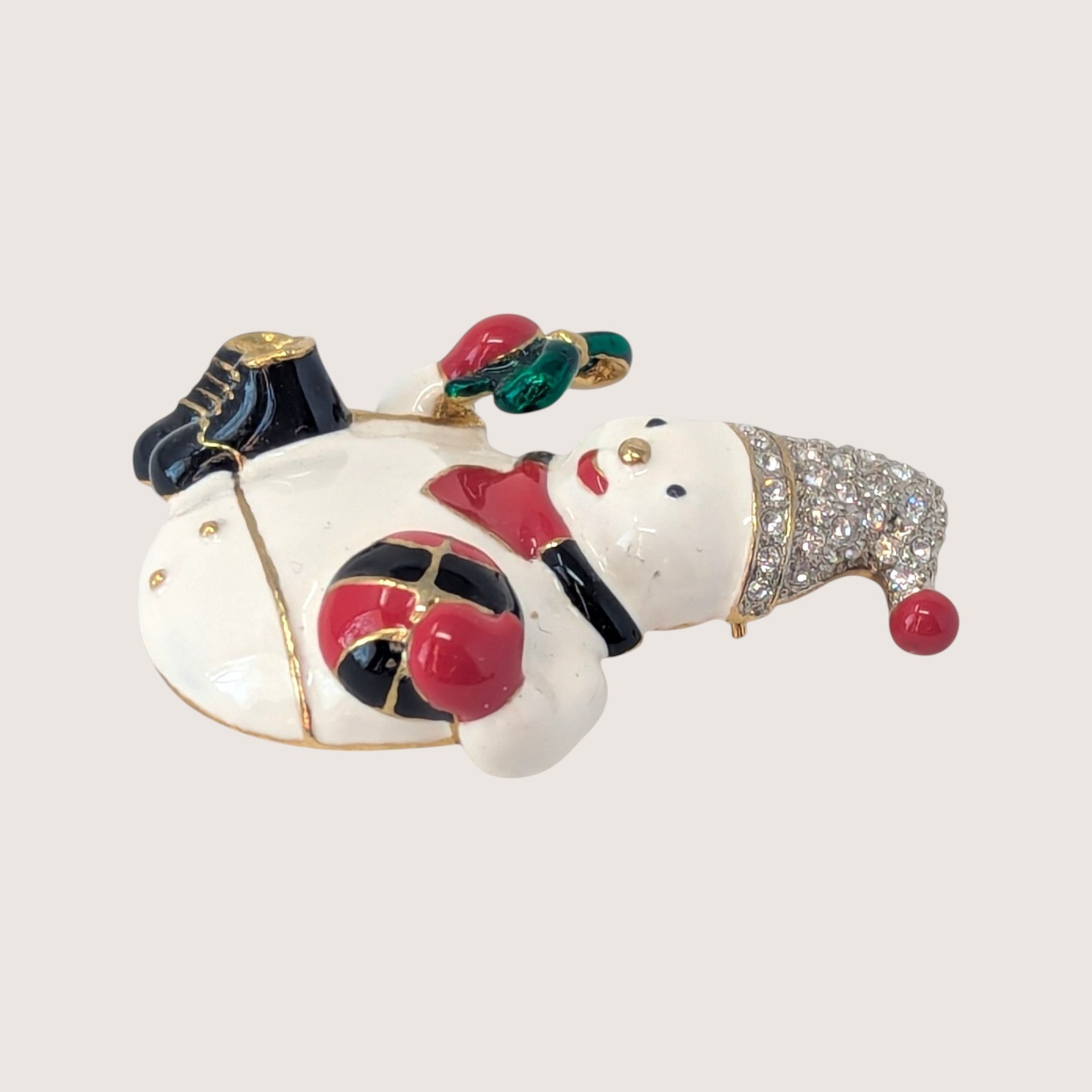 Vintage Gold Tone Enameled Snowman Brooch With Rhinestone Accents