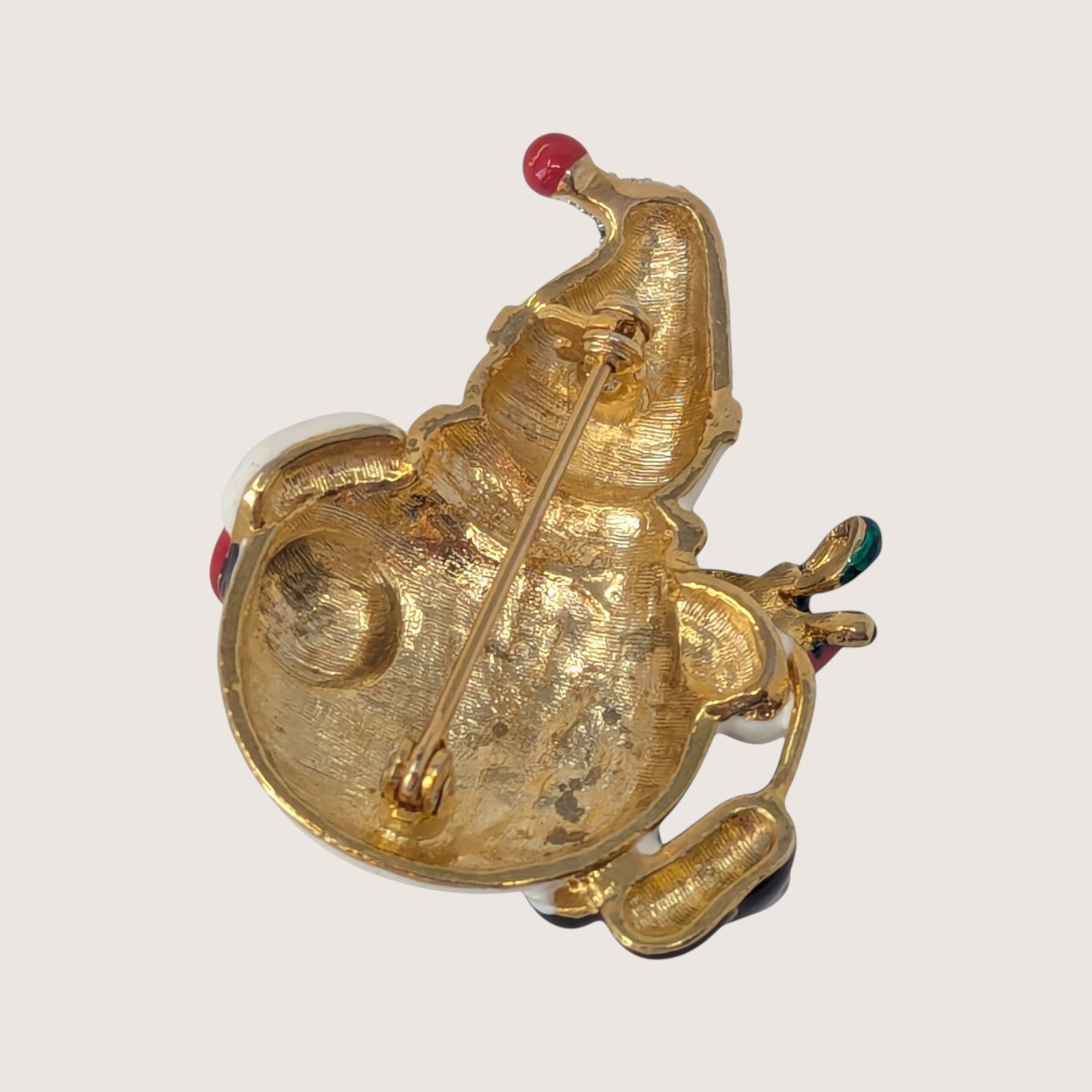 Vintage Gold Tone Enameled Snowman Brooch With Rhinestone Accents