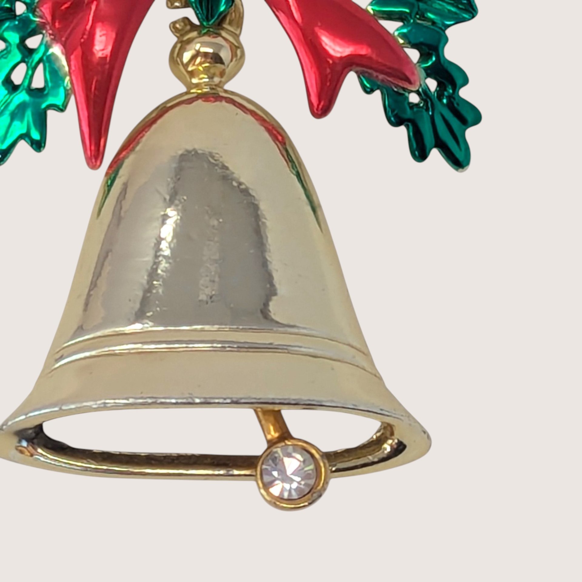 Vintage Gold Tone Christmas Bell Brooch With Red Bow And Holly