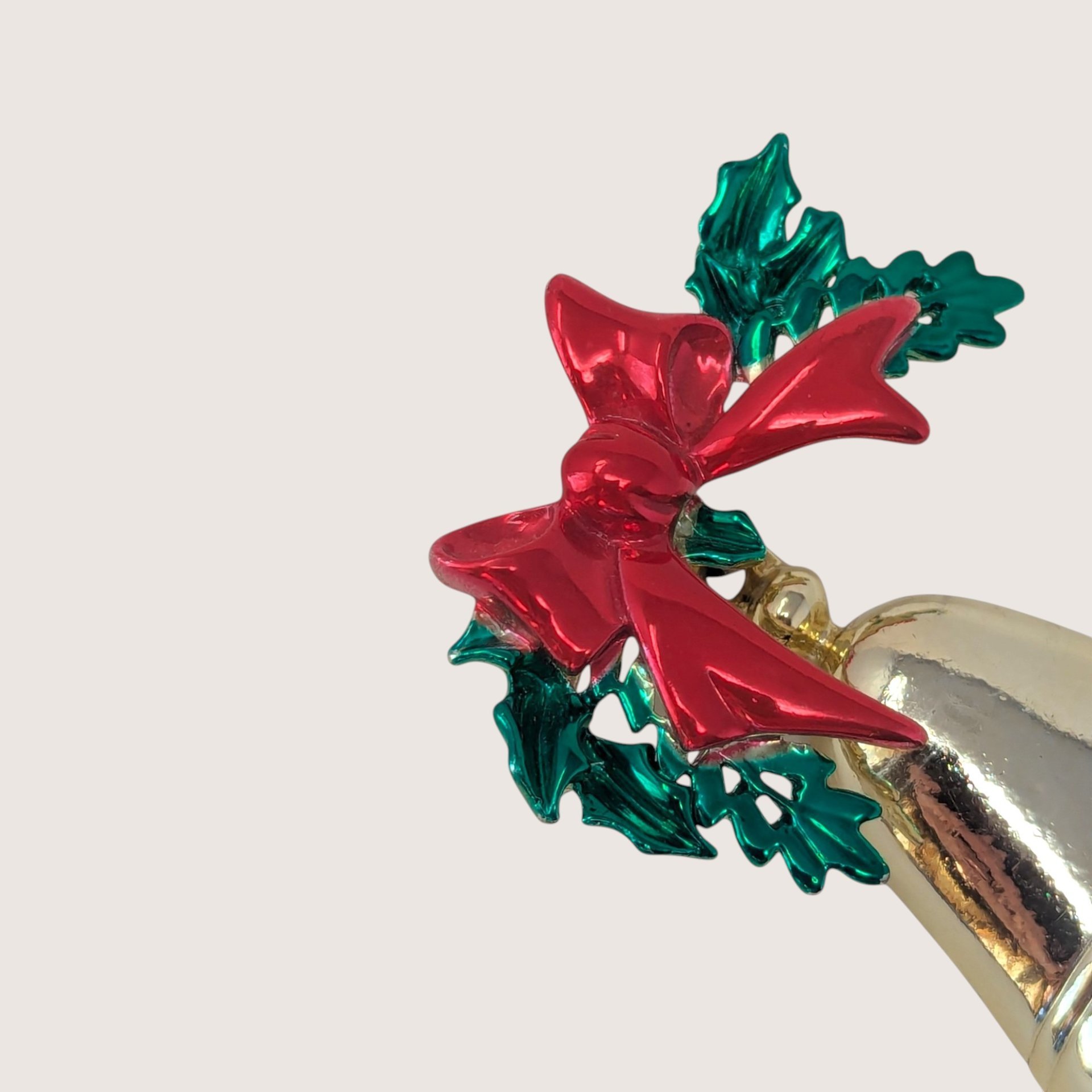 Vintage Gold Tone Christmas Bell Brooch With Red Bow And Holly