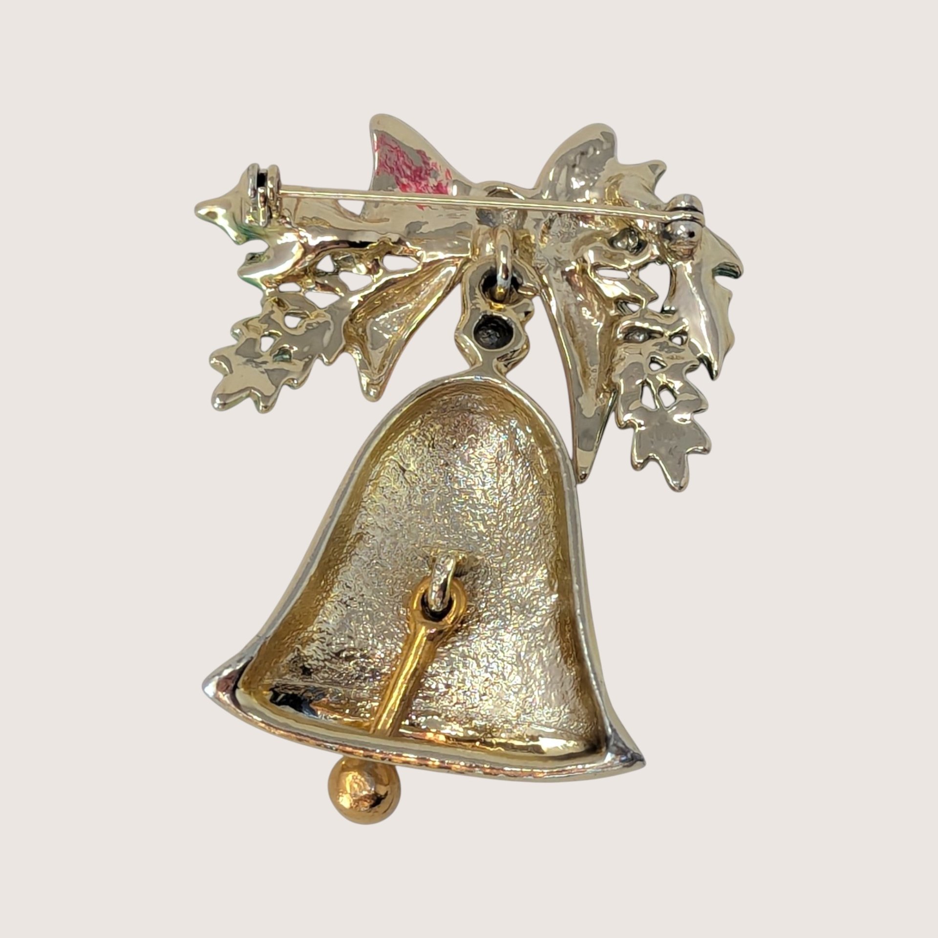 Vintage Gold Tone Christmas Bell Brooch With Red Bow And Holly