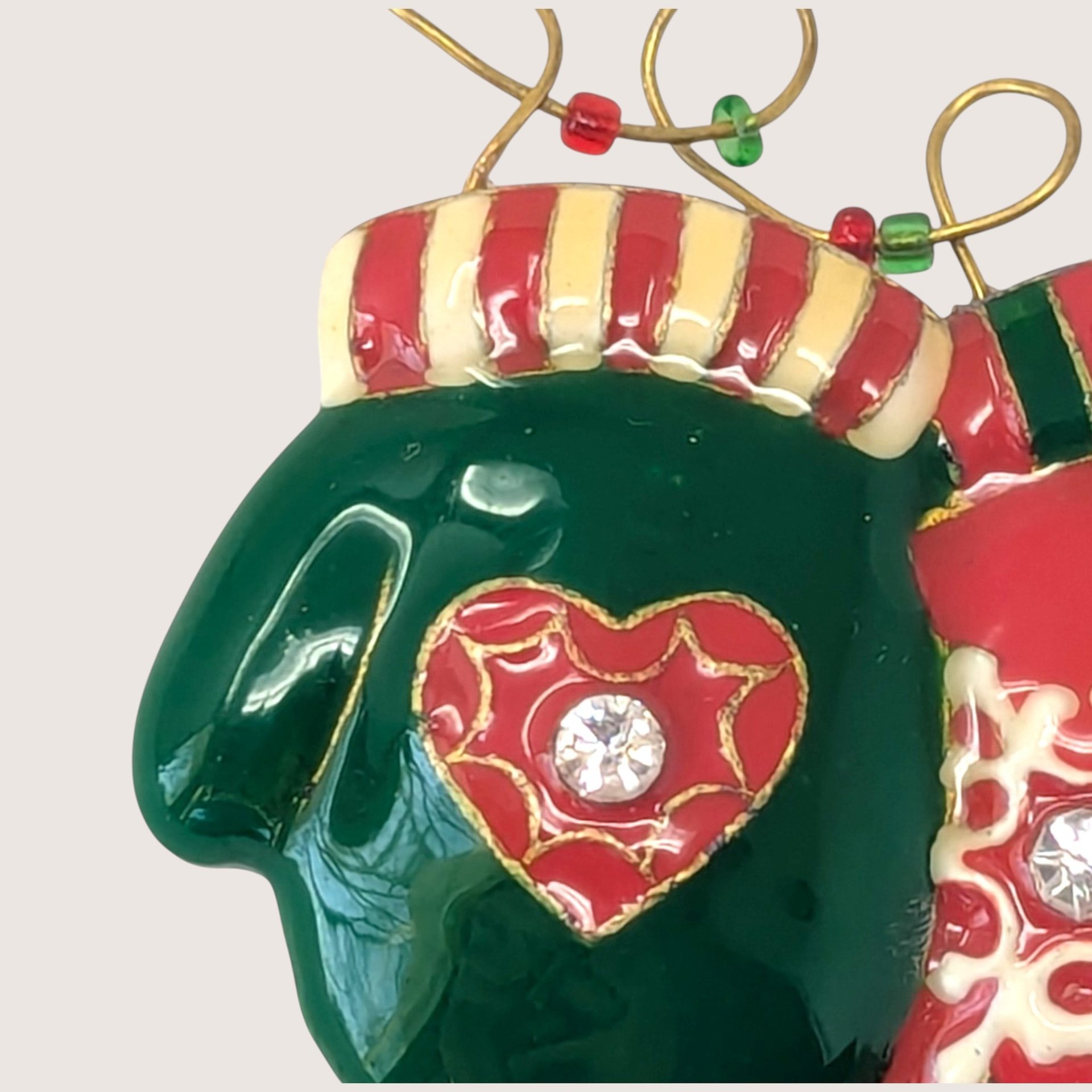 Vintage Gold Tone Christmas Mittens Brooch With Enamel And Rhinestones