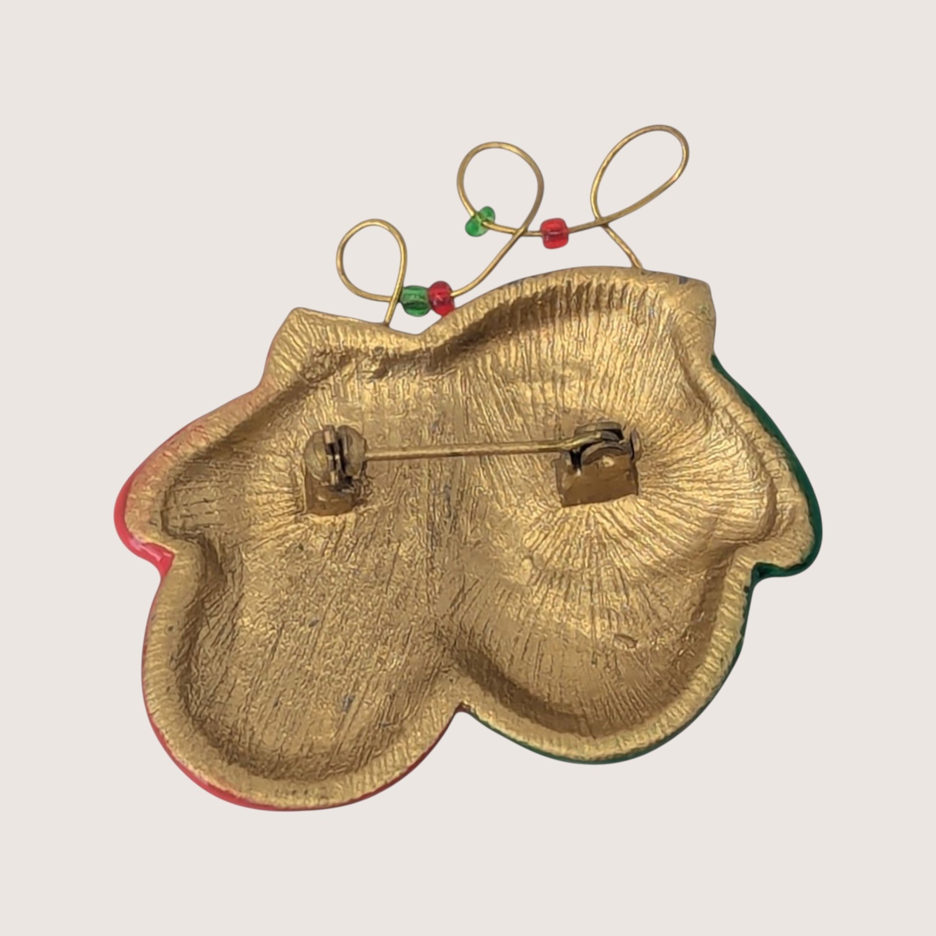 Vintage Gold Tone Christmas Mittens Brooch With Enamel And Rhinestones