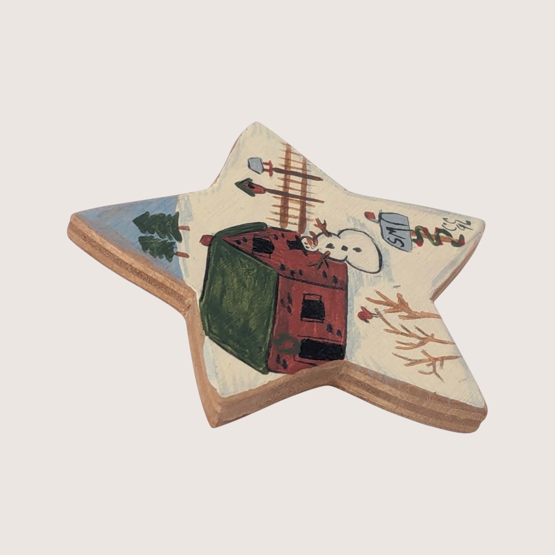 Vintage 1990s Hand Painted Wood Winter Star Brooch