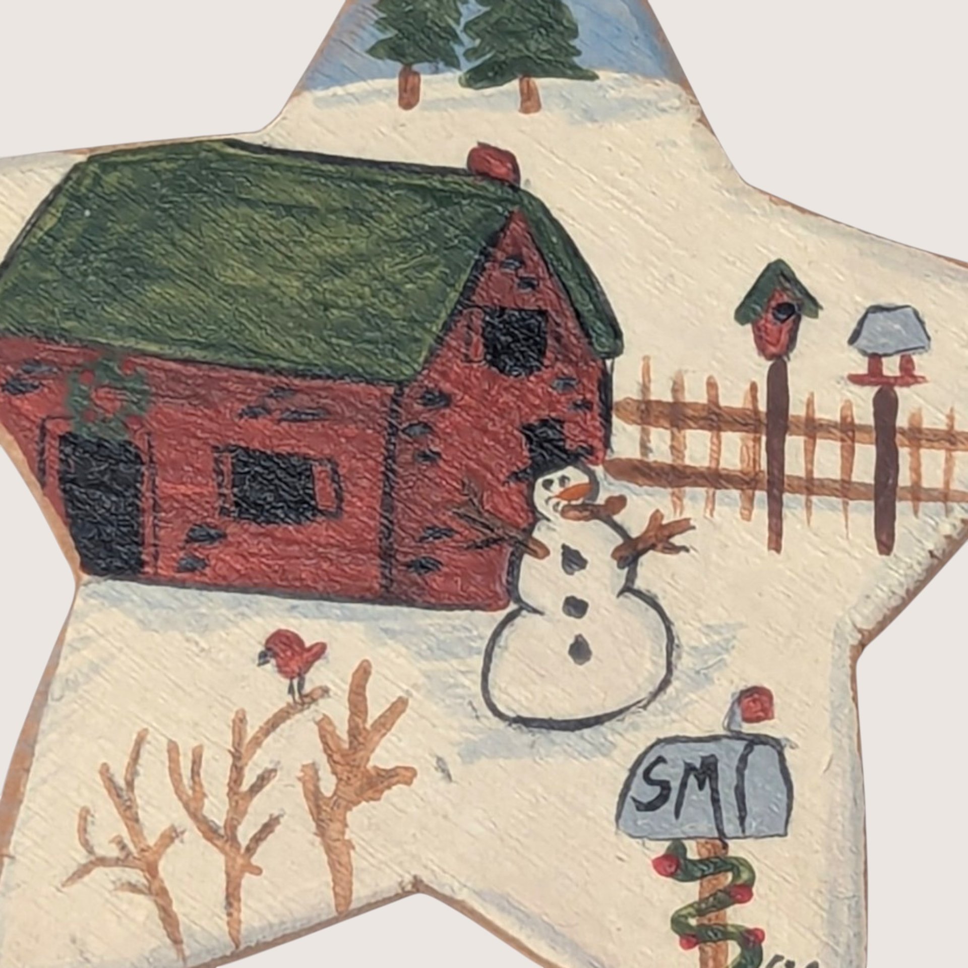 Vintage 1990s Hand Painted Wood Winter Star Brooch