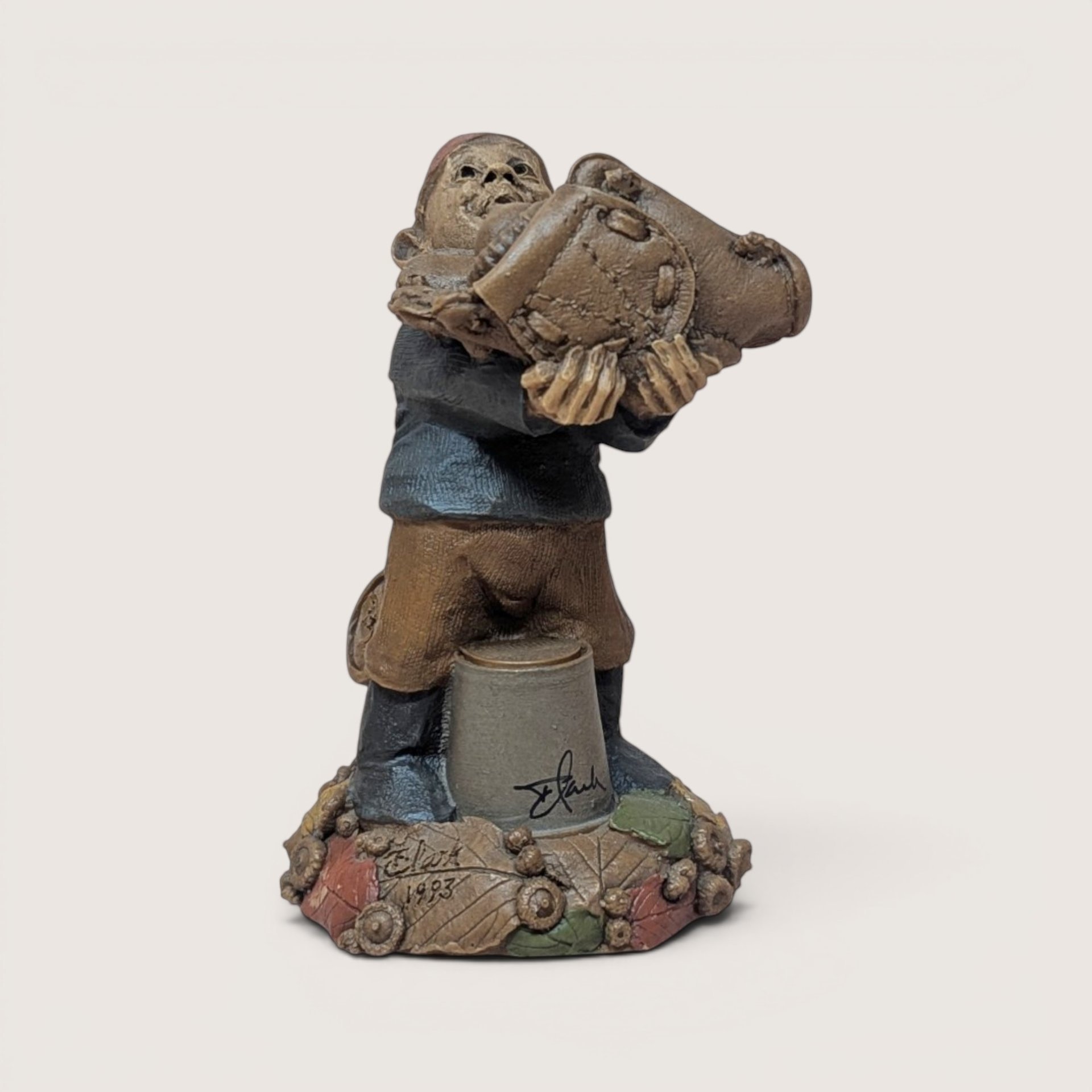 1993 signed Tom Clark "Say Hey" gnome figurine by Cairn Studios on a detailed leaf and acorn base.