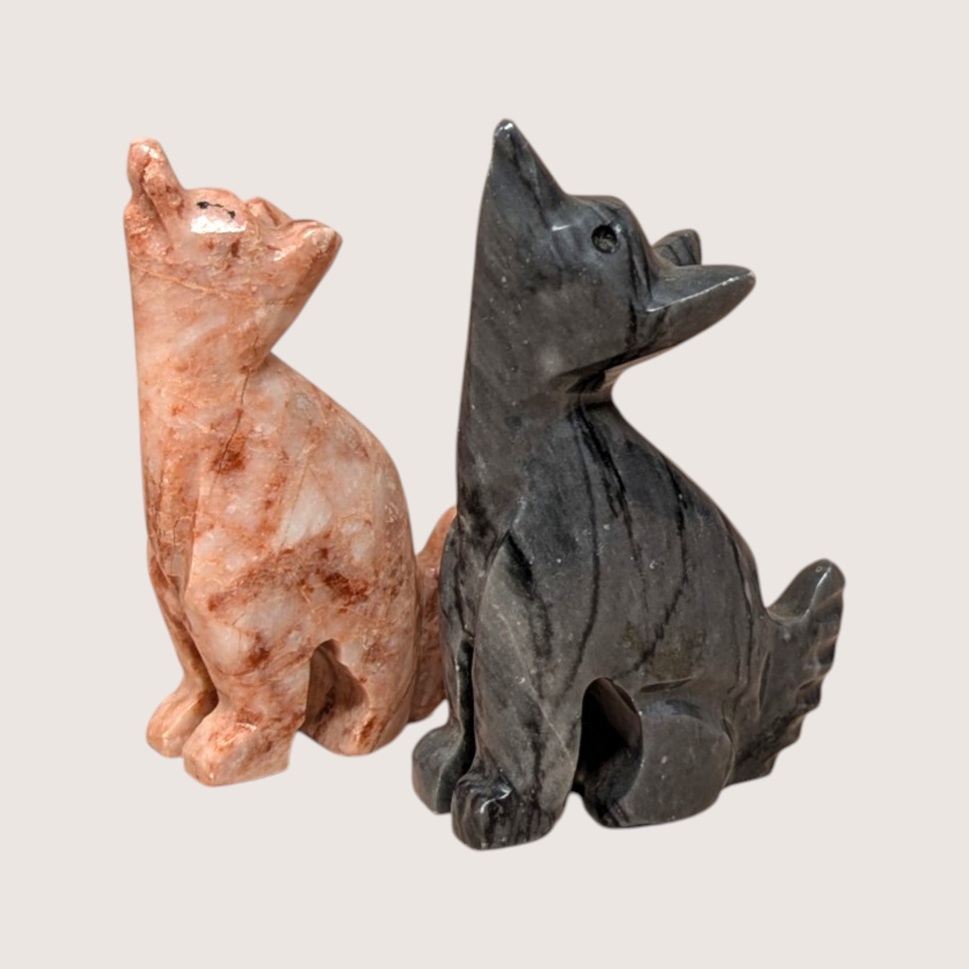 Vintage Pair of Hand-Carved Stone Wolf Figurines