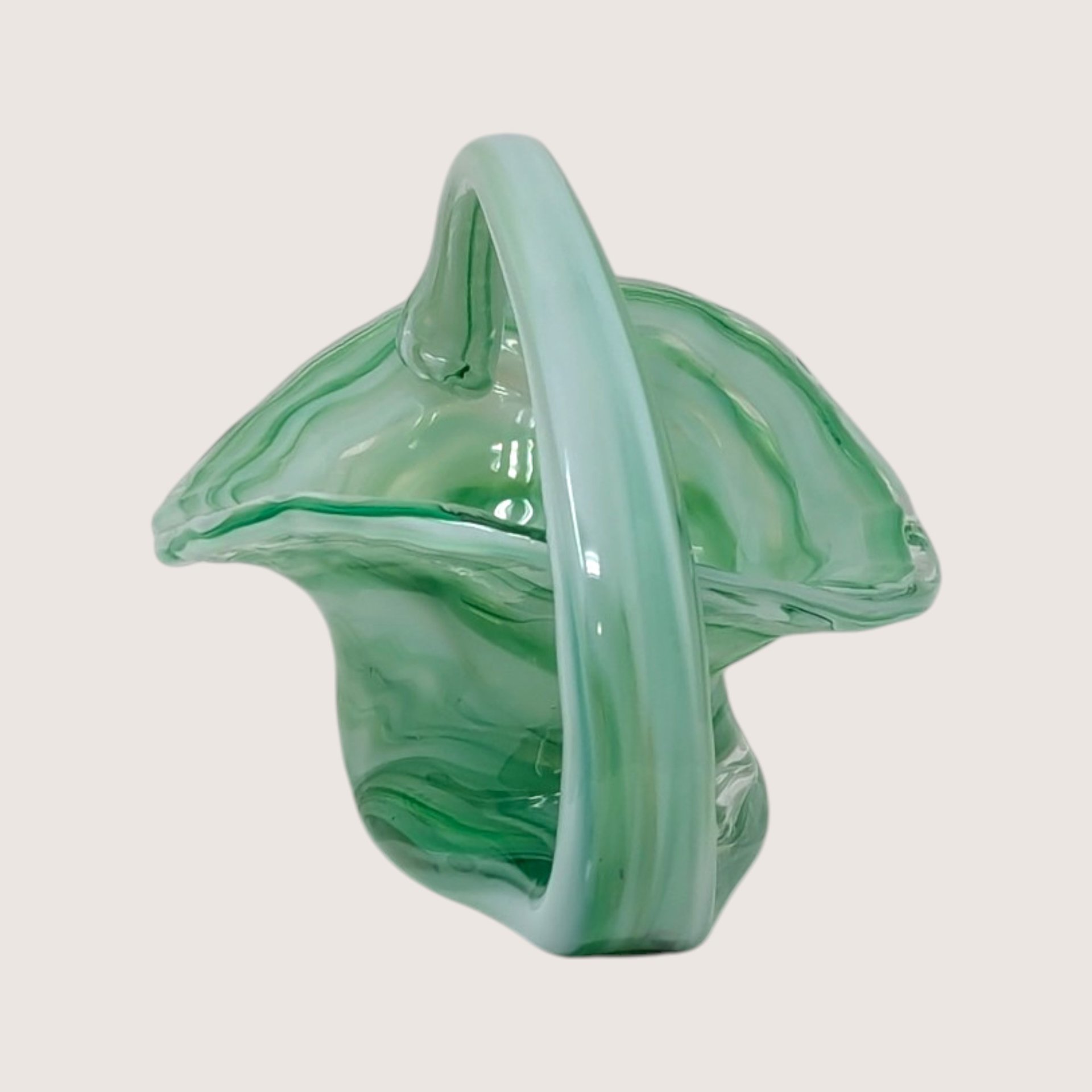Vintage Green Art Glass Basket with Handle