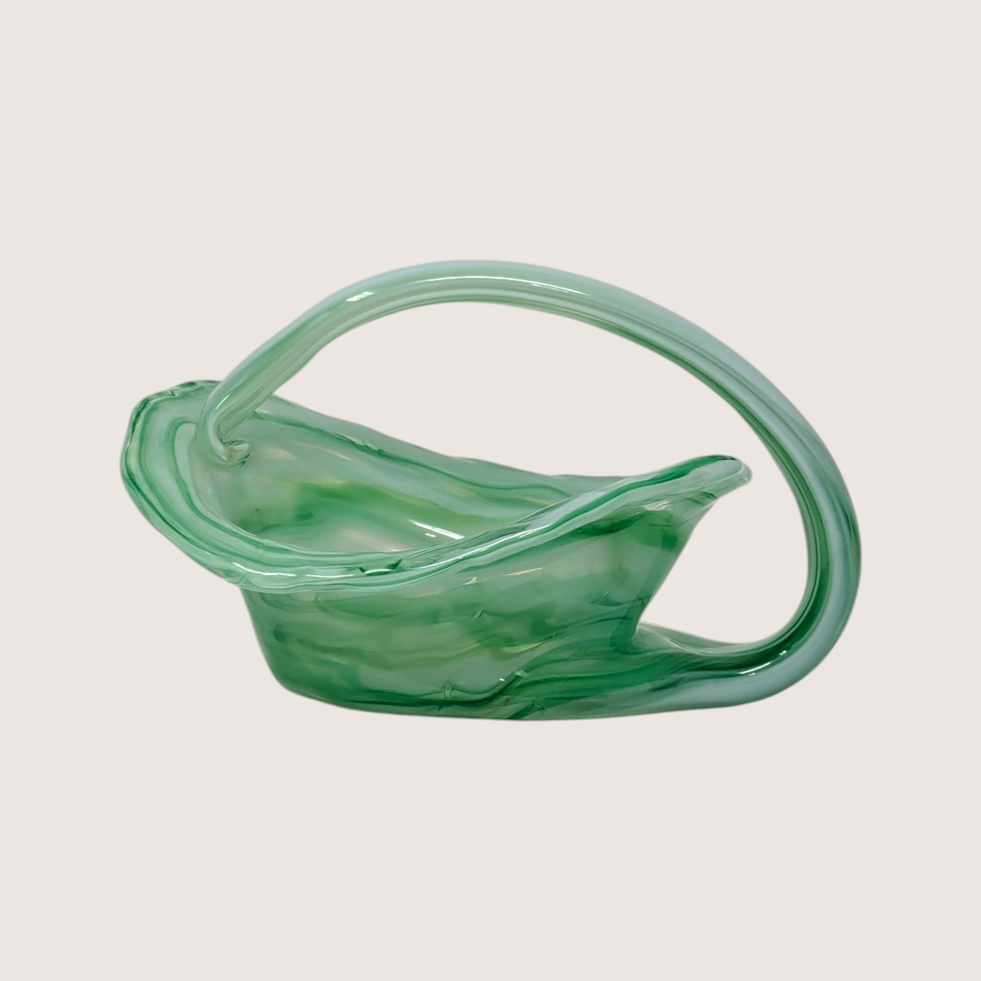 Vintage Green Art Glass Basket with Handle