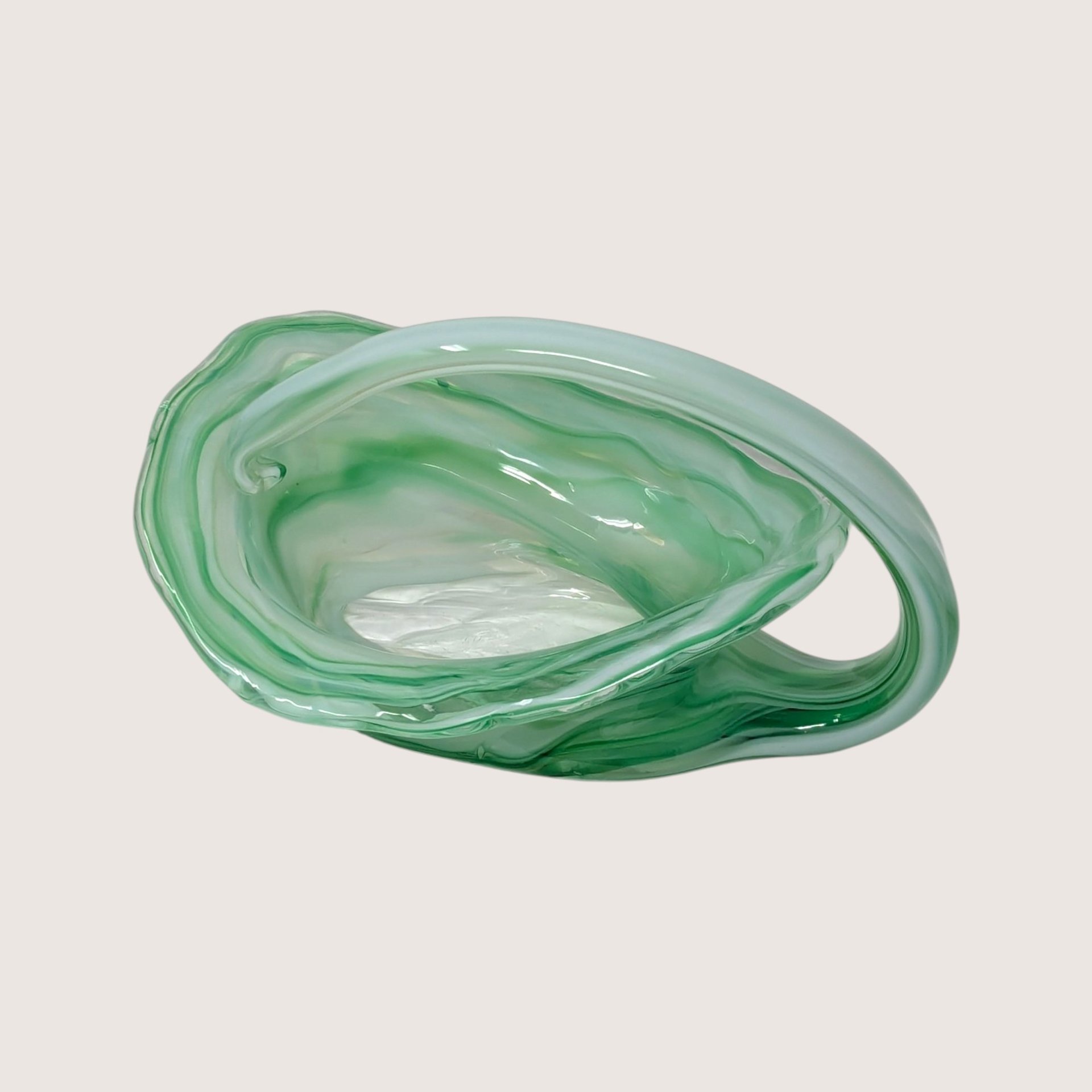 Vintage Green Art Glass Basket with Handle