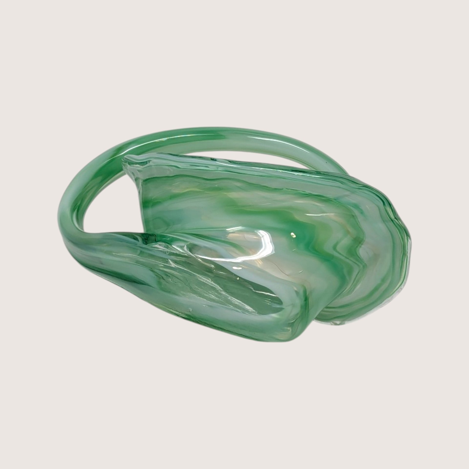 Vintage Green Art Glass Basket with Handle