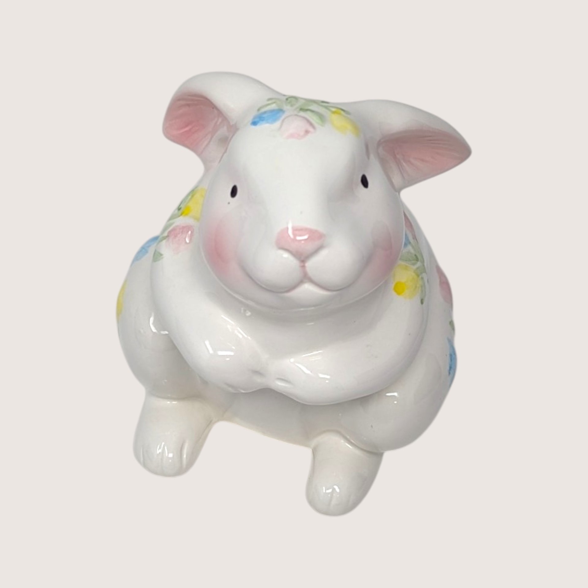 1980s Vintage Ceramic White Bunny Rabbit Floral Planter