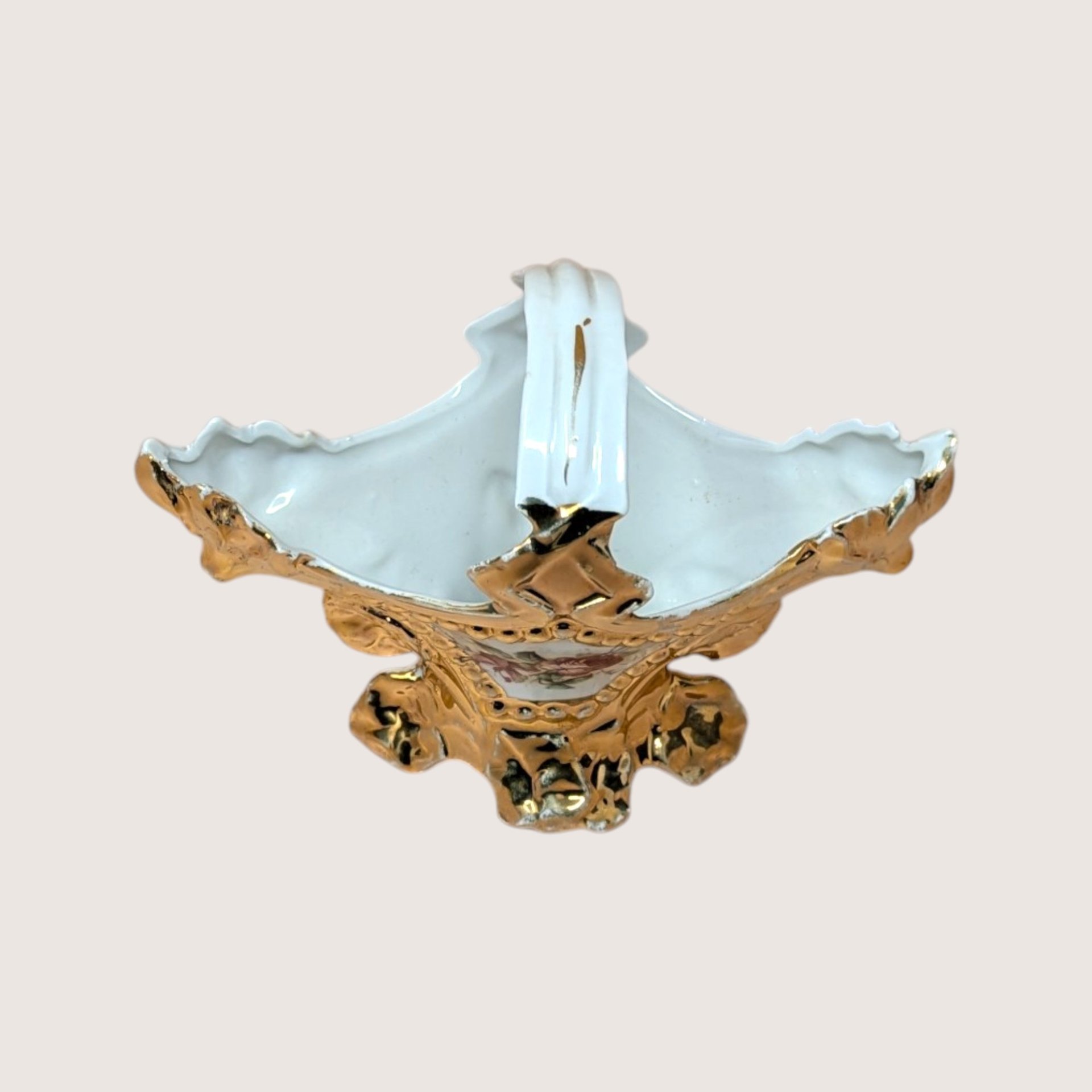 1950s Porcelain Gold Gilt Floral Small Basket