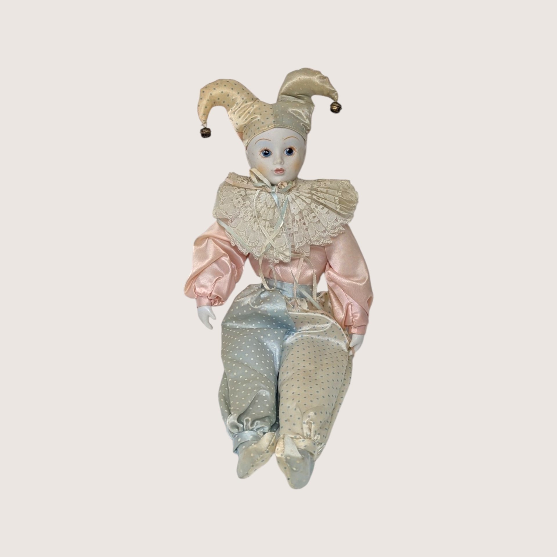 1980s Vintage Porcelain Harlequin Pierrot Doll Pair Pink Blue Satin